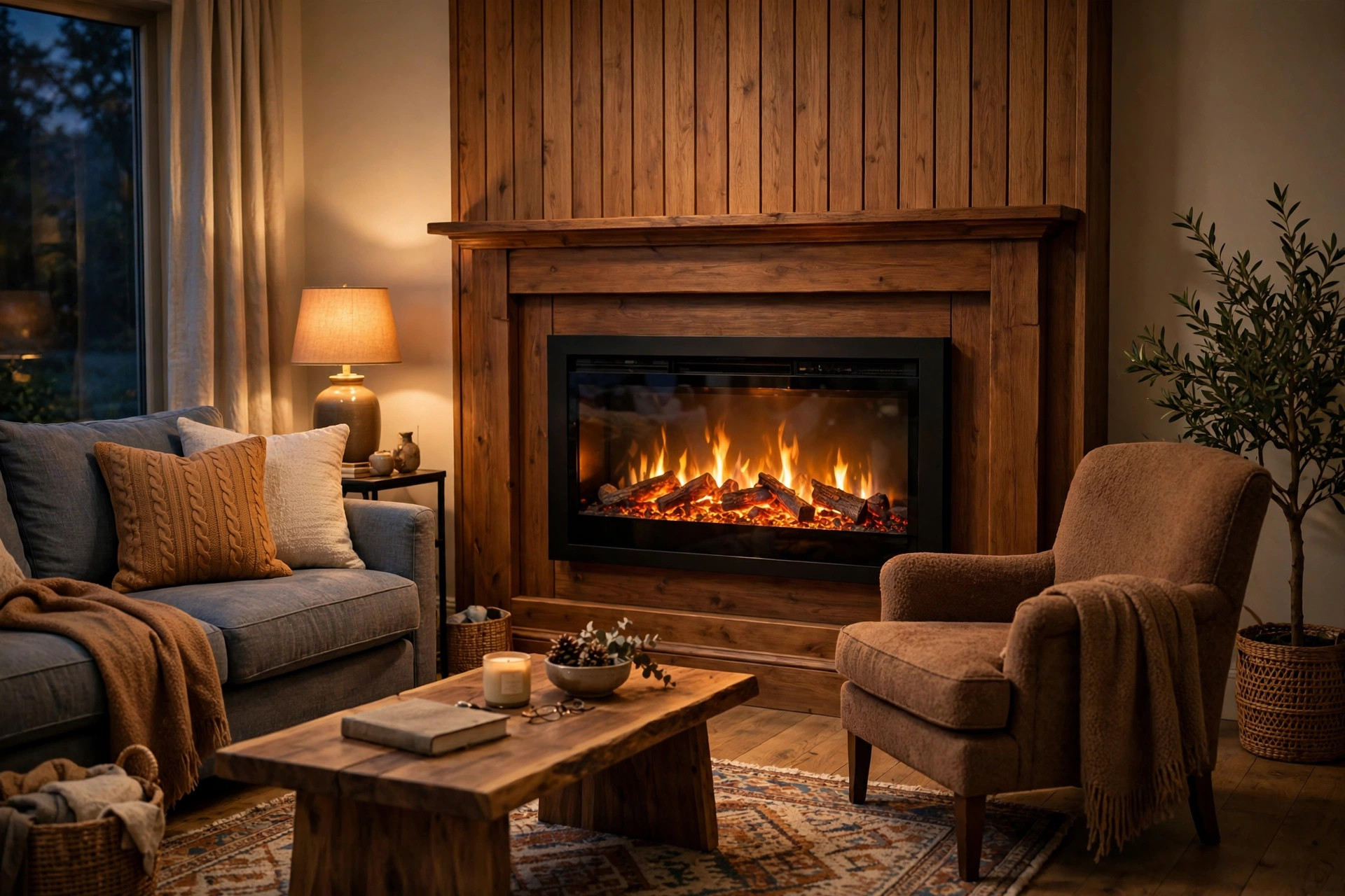 best electric fireplaces for living rooms buying guide: Electric fireplace with realistic flames in an American living room