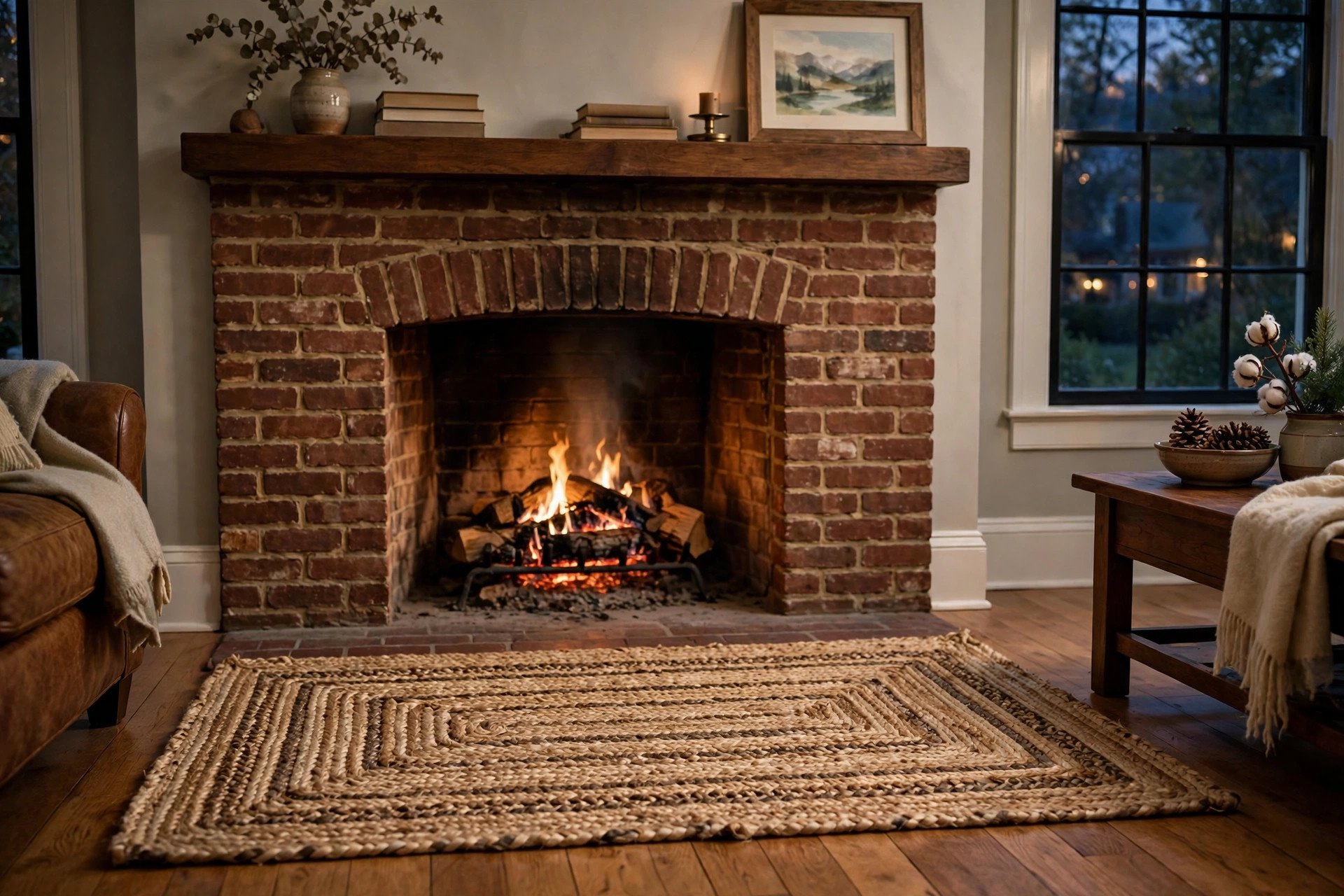 affordable fireplace hearth rugs for sale: A woven hearth rug in front of a brick fireplace with a warm fire
