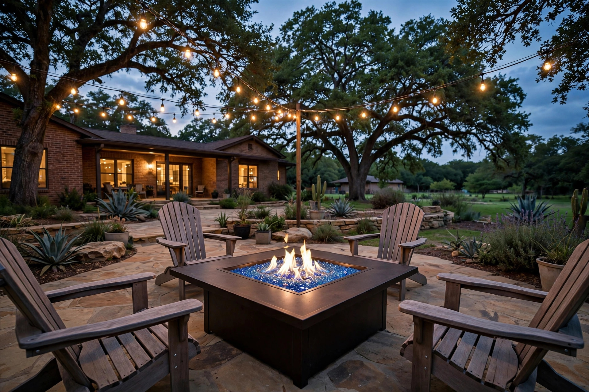 Top rated fire pit tables for Texas homes on a patio at dusk