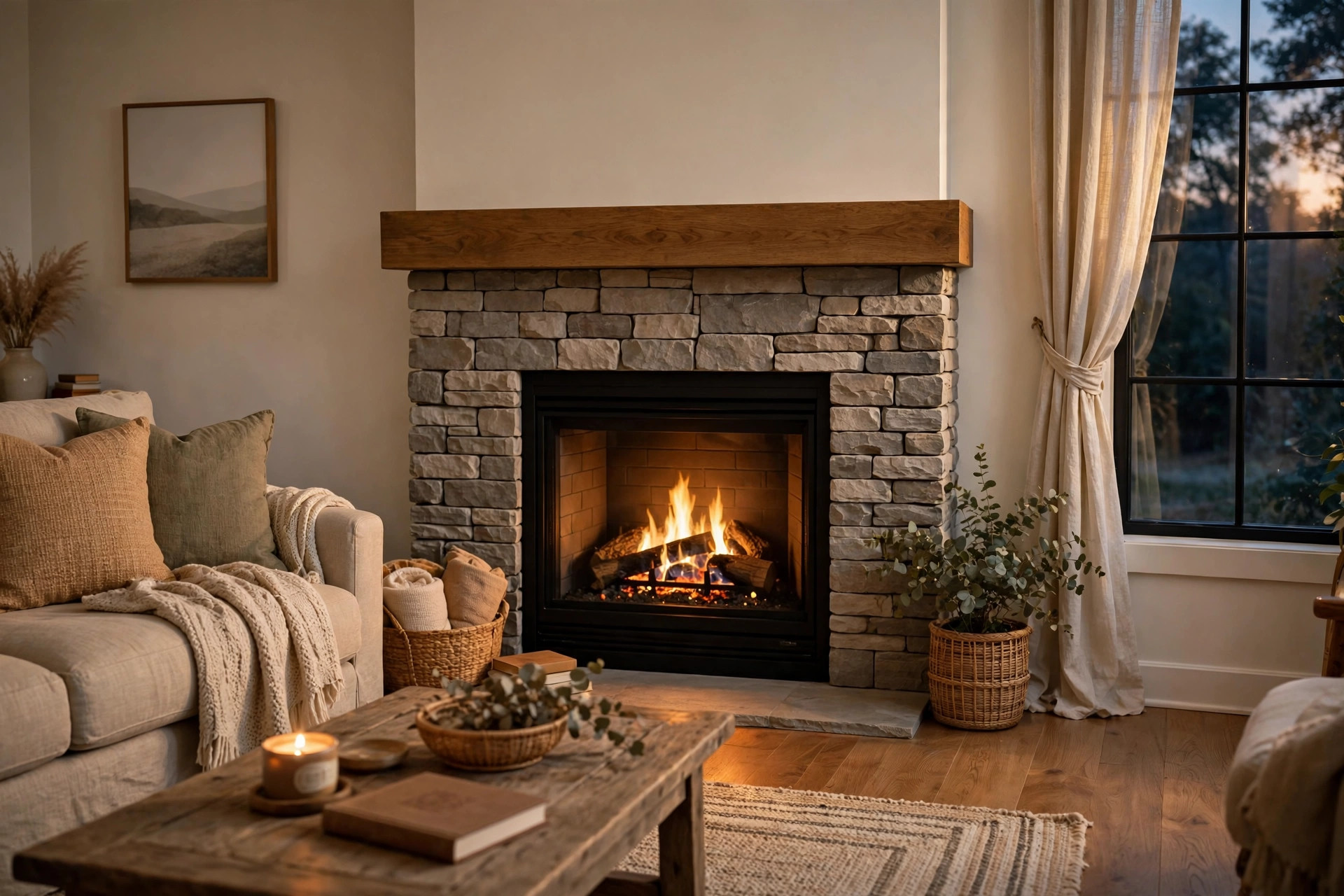 ventless stone fireplace surrounds buying guide: A ventless stone fireplace surround in a cozy American living room
