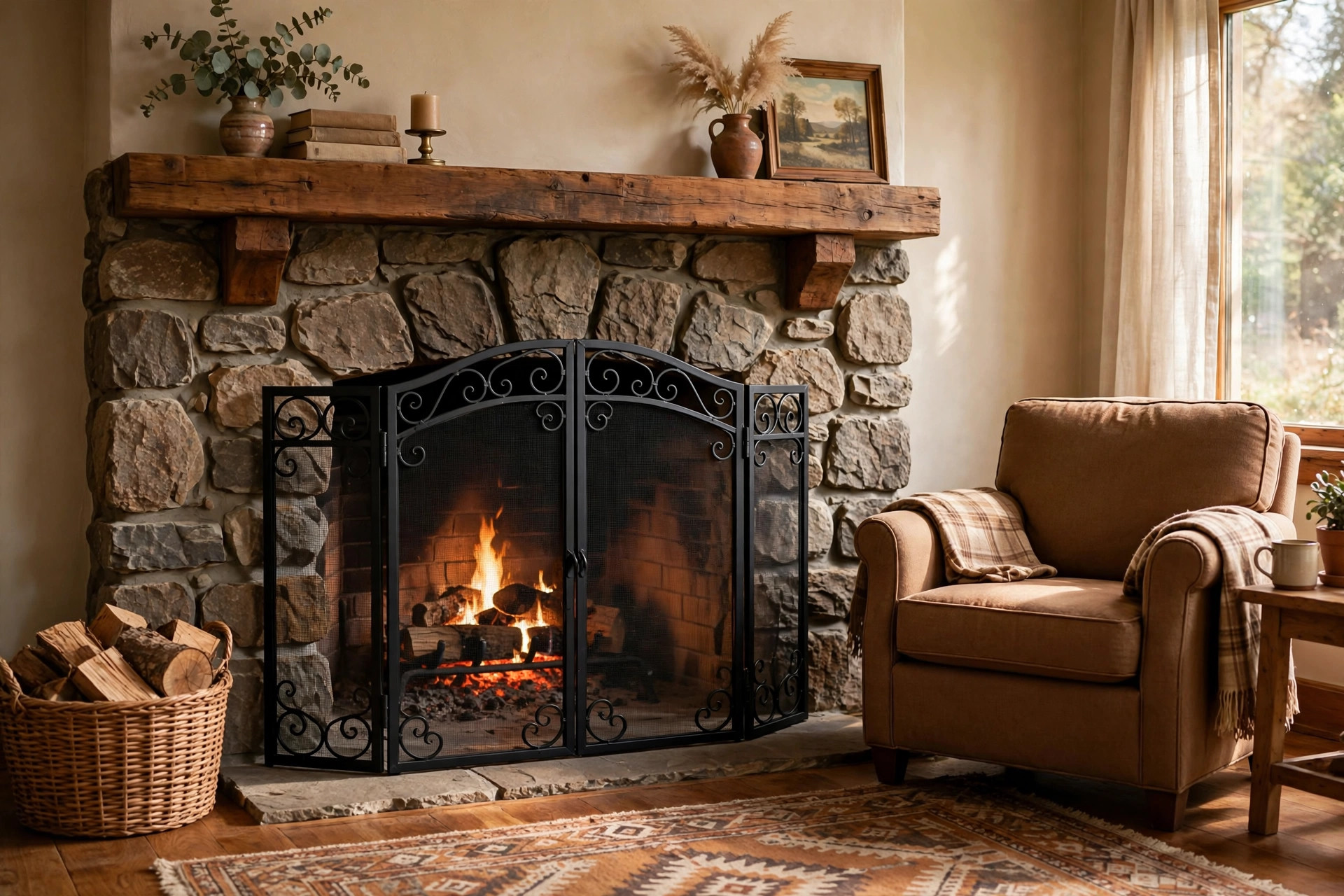 fireplace screens with doors price comparison usa: A fireplace screen with double doors in an American living room