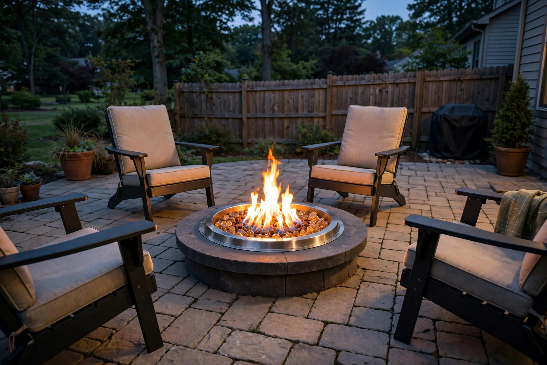Best propane fire pits buying guide: a natural photo of a round propane fire pit with a steady flame on a stone patio at dusk