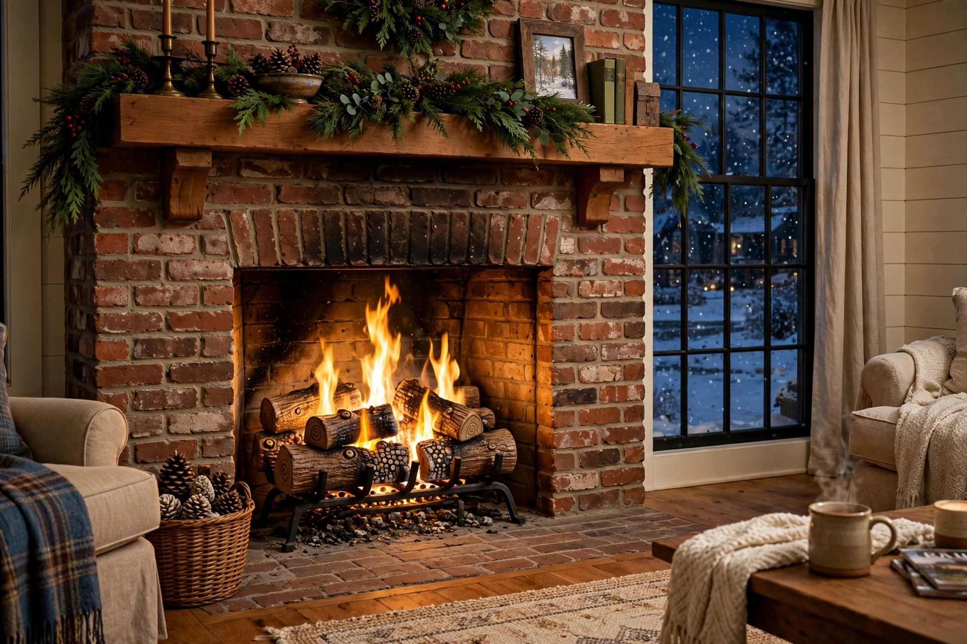 best gas log sets for midwest homes: Gas log set with realistic flames in a brick fireplace