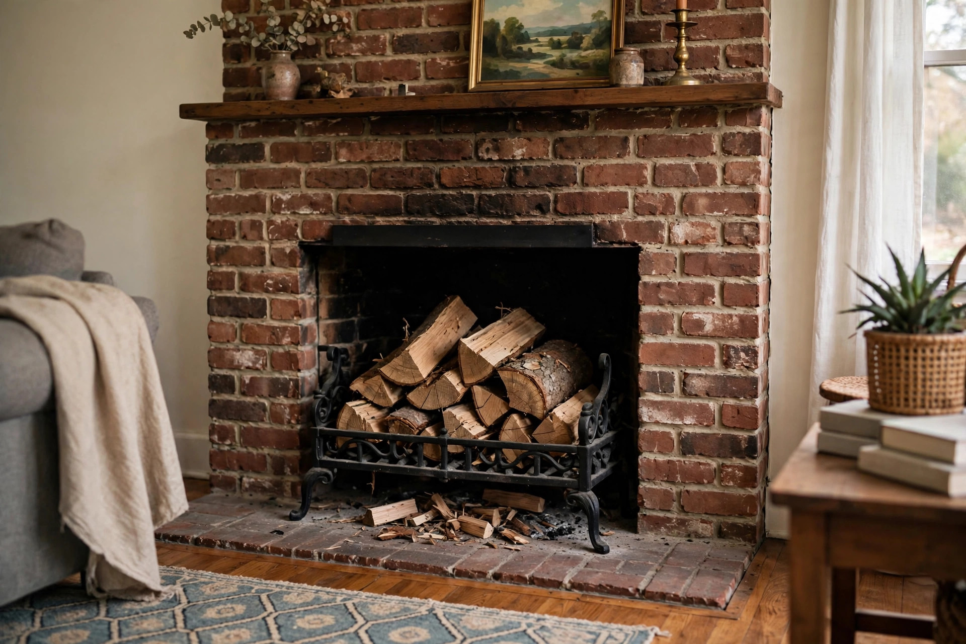 A black steel fireplace grate holding split logs in a brick fireplace, showing the best fireplace grates for southern states