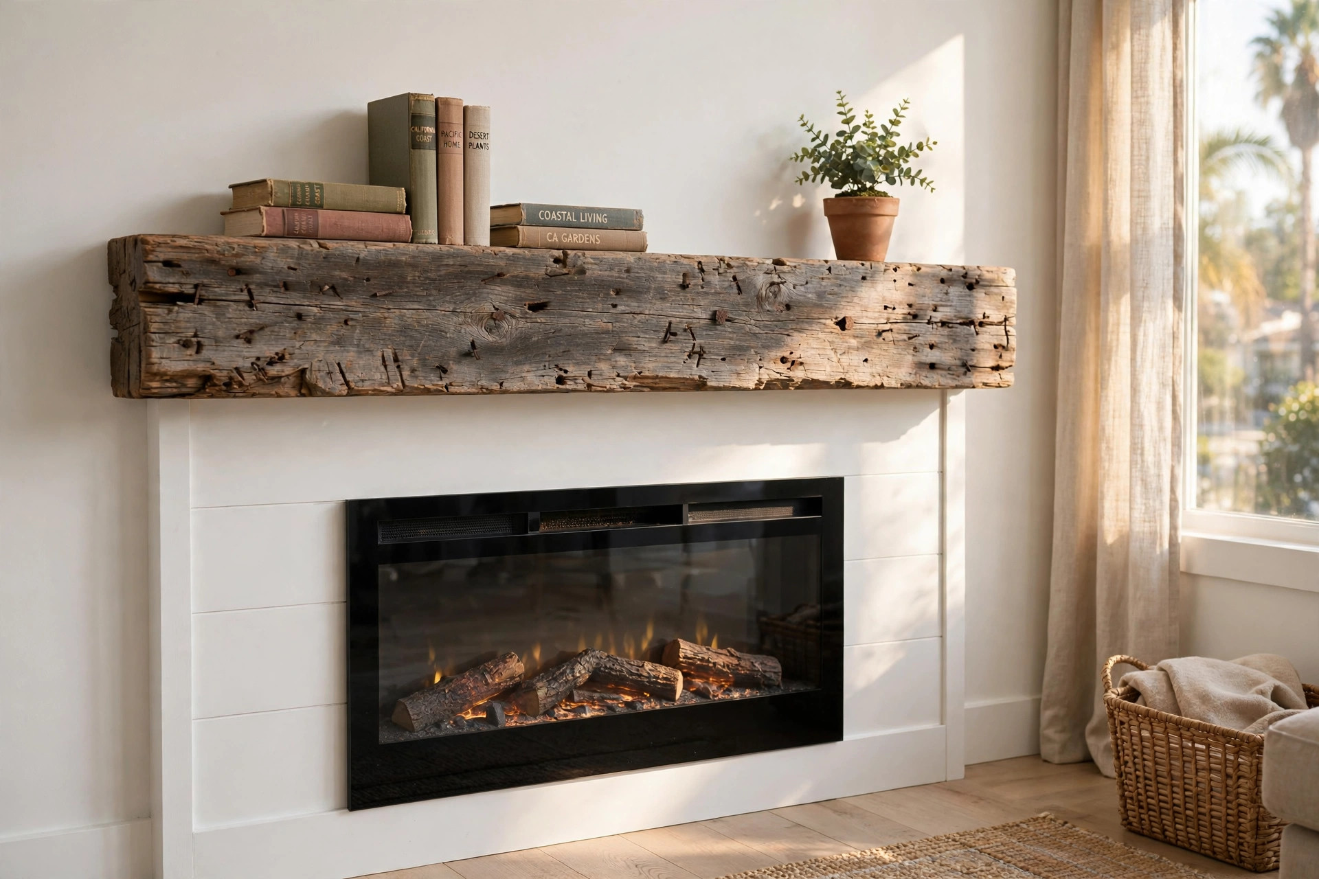 top rated reclaimed wood mantels for california apartments: A reclaimed wood mantel shelf above a fireplace in a California apartment living room