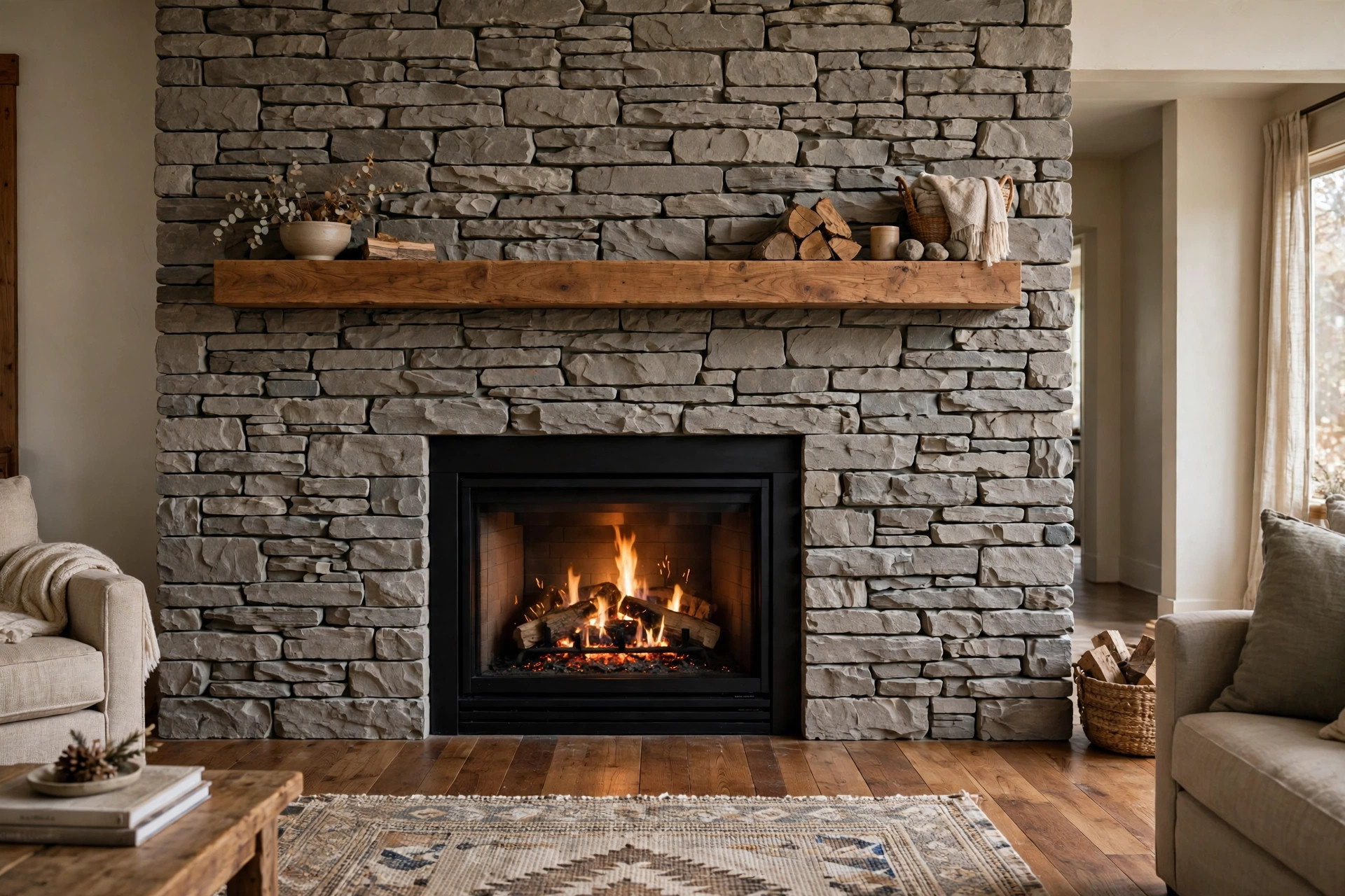 top rated stone fireplace surrounds for midwest homes: Stone fireplace surround in a midwest living room