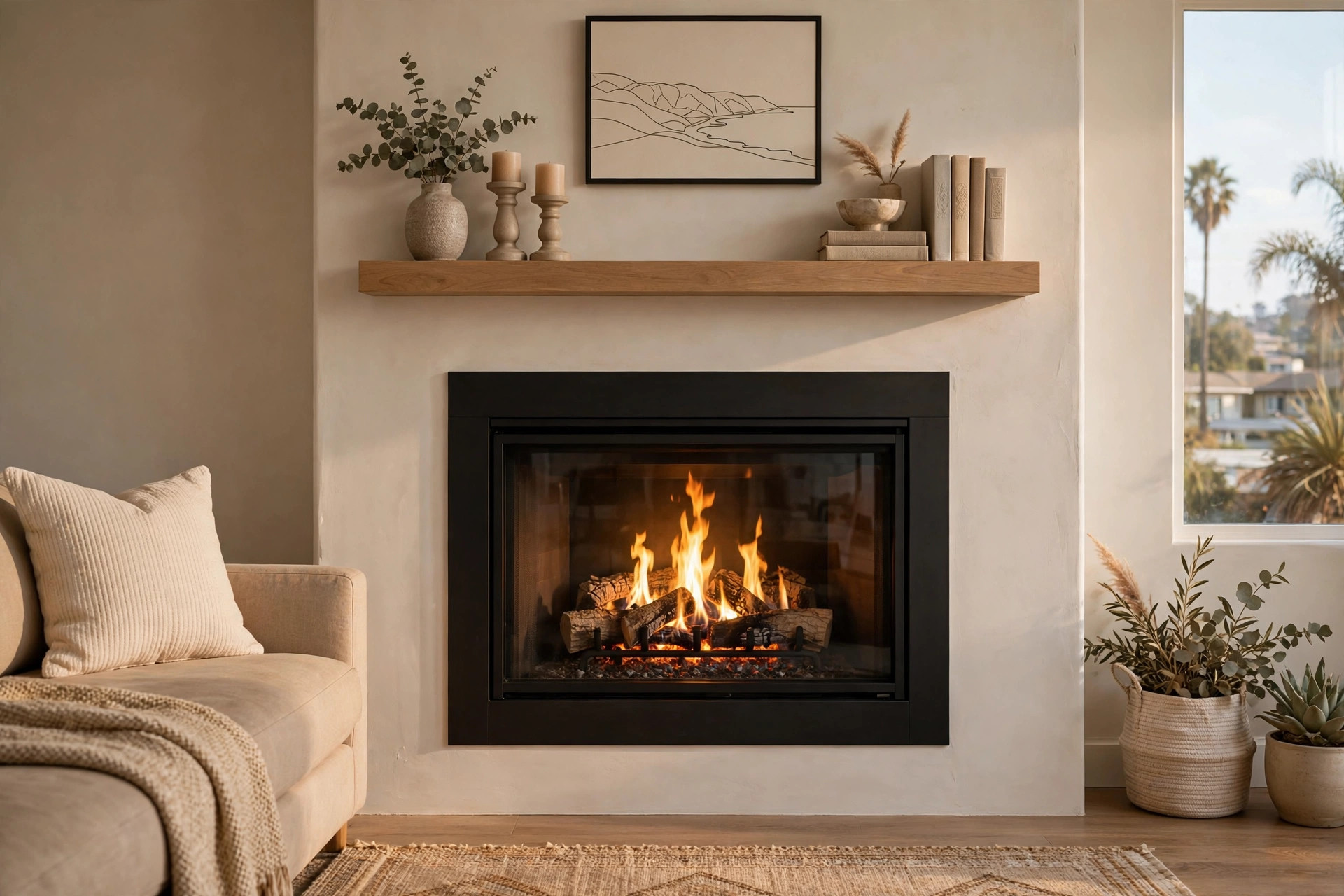 buy ventless gas fireplaces online in california: A ventless gas fireplace set into a living room wall in a California home