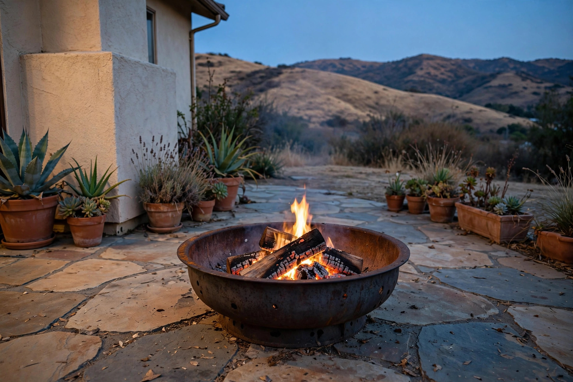buy outdoor fire pits online in california: Outdoor fire pit with a low flame on a stone patio in a California backyard at dusk