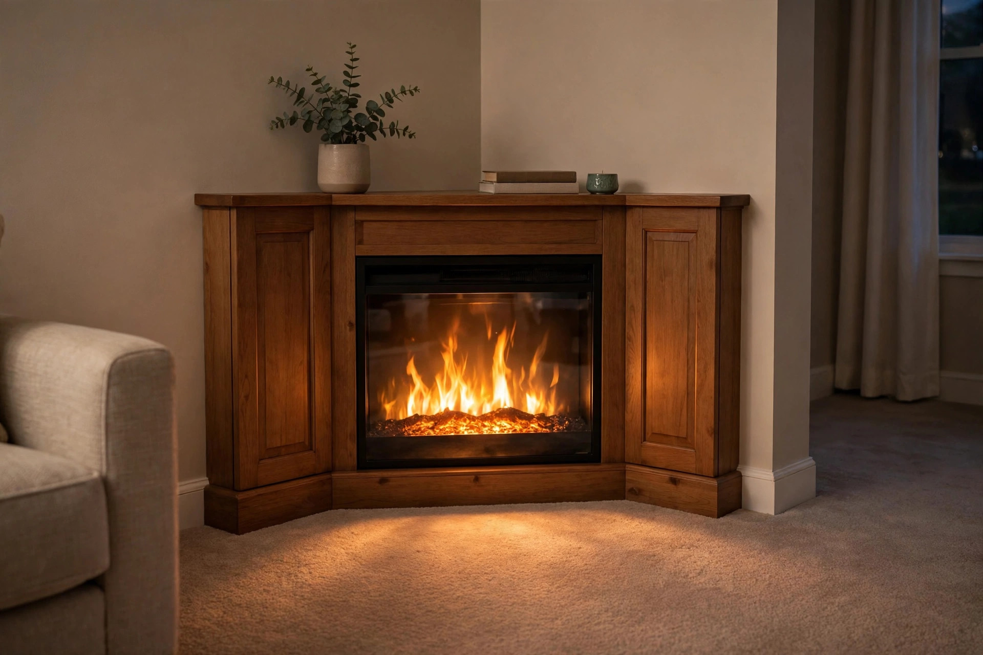 corner electric fireplaces price comparison usa: Corner electric fireplace with realistic flames in a living room corner