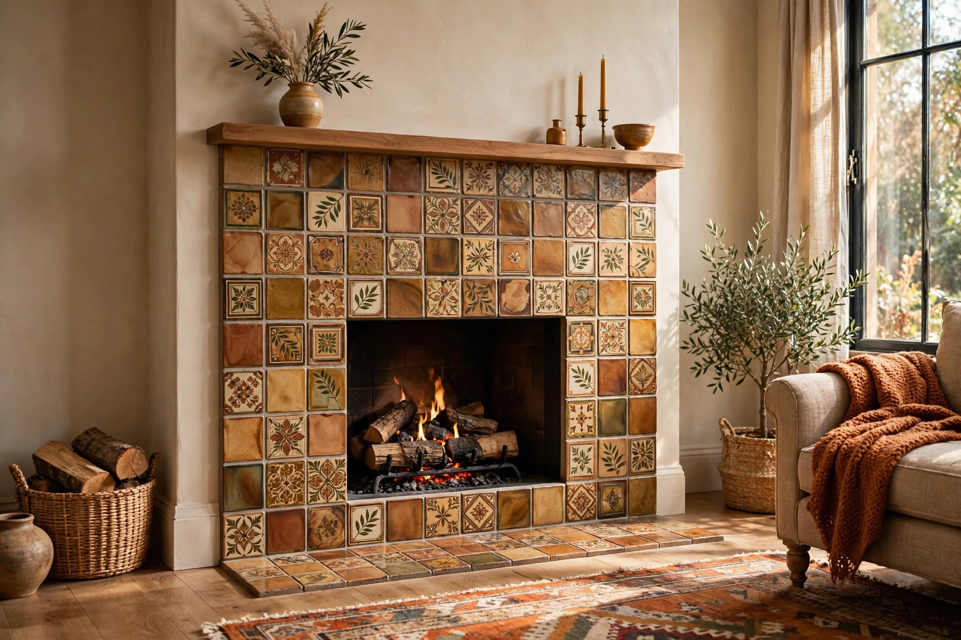 tile fireplace surrounds reviews and buying guide: Tile fireplace surround with handmade ceramic tile around a wood-burning fireplace in an American living room