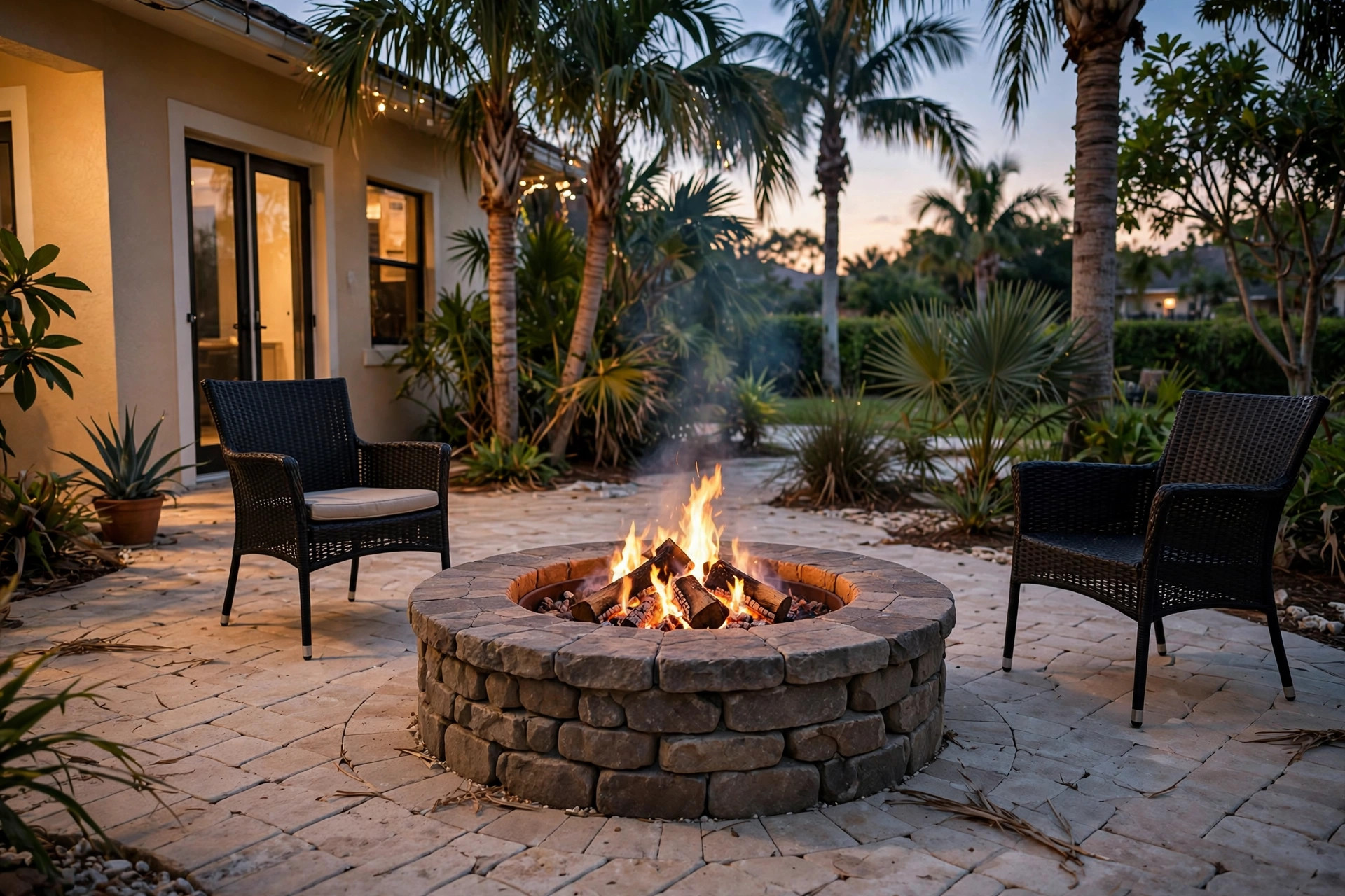 best outdoor fire pits for florida homes: Best outdoor fire pit for Florida homes set on a stone patio at dusk