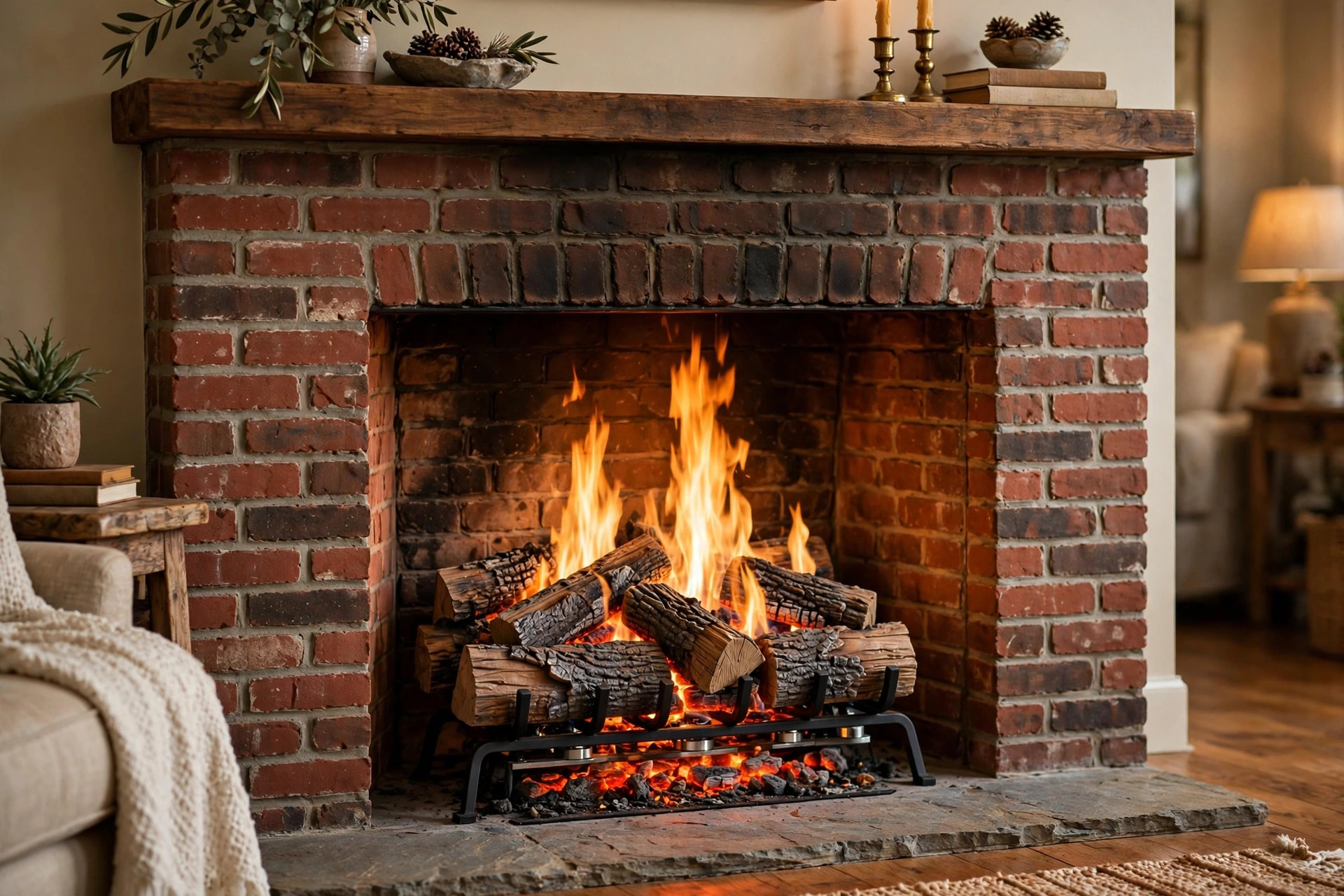 vented gas log sets reviews and buying guide: Vented gas log set with realistic flames burning in a brick fireplace