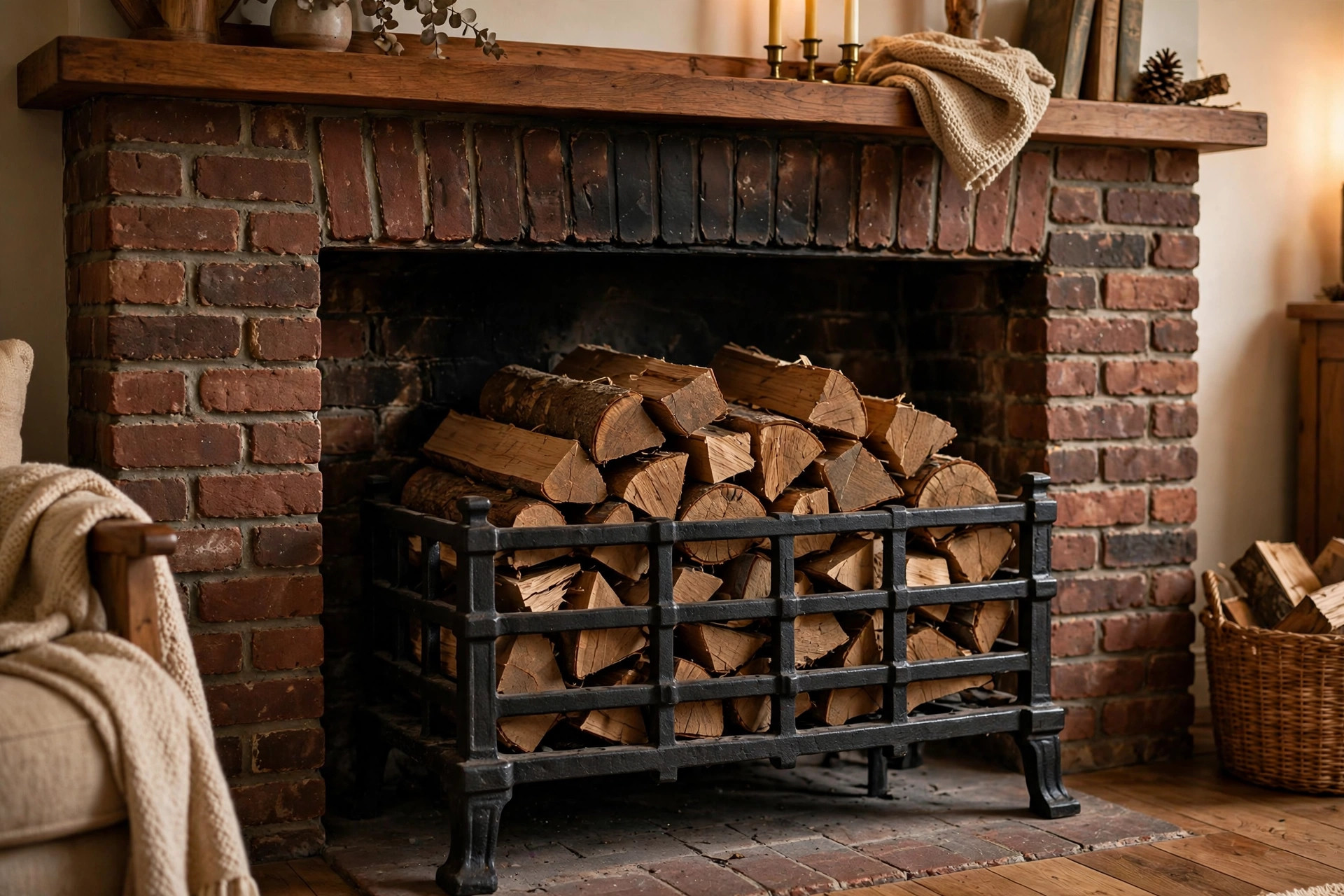fireplace grates price comparison usa: A cast iron fireplace grate holding logs in an American living room