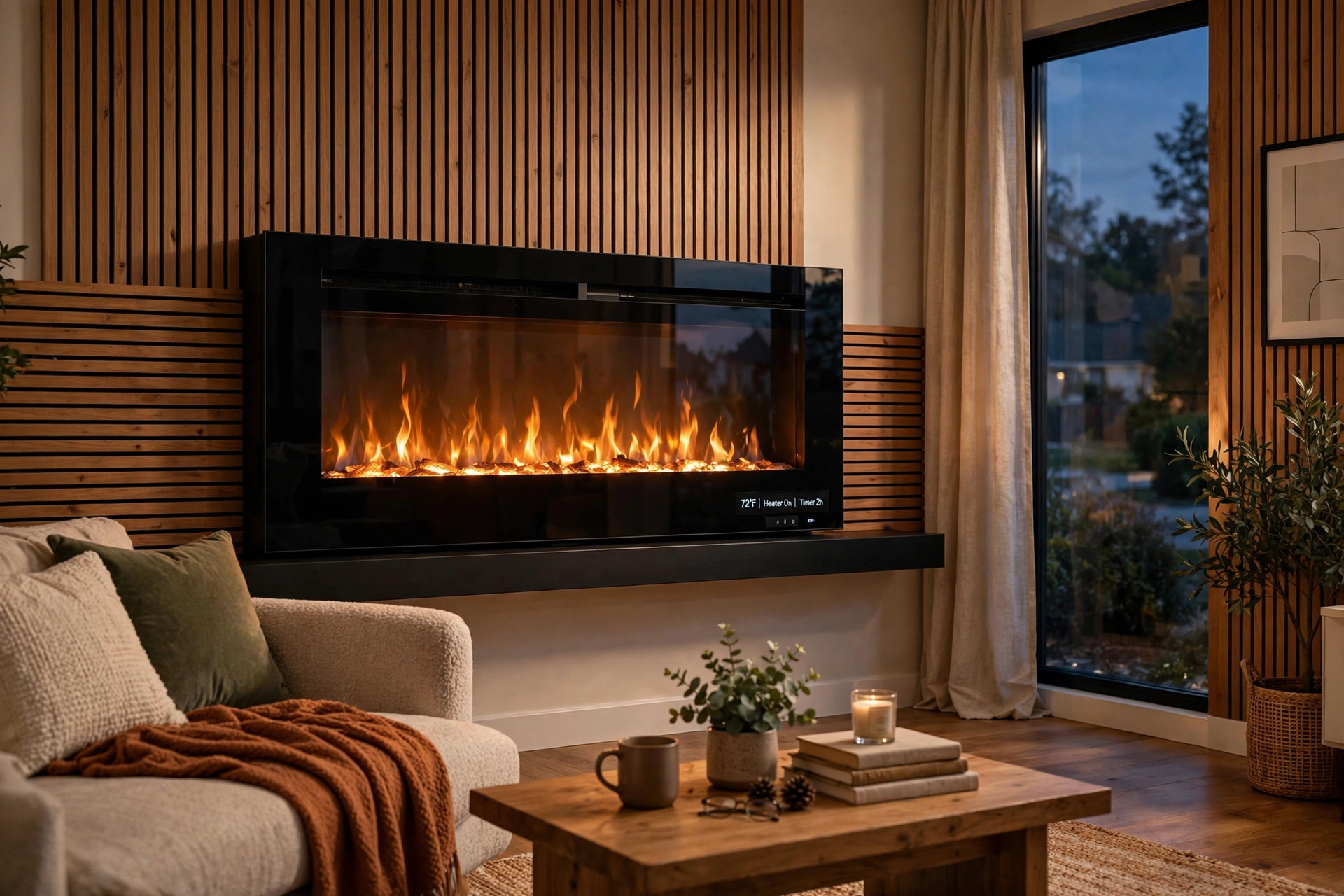smart electric fireplaces reviews and buying guide: Smart electric fireplace with realistic flames installed in an American living room