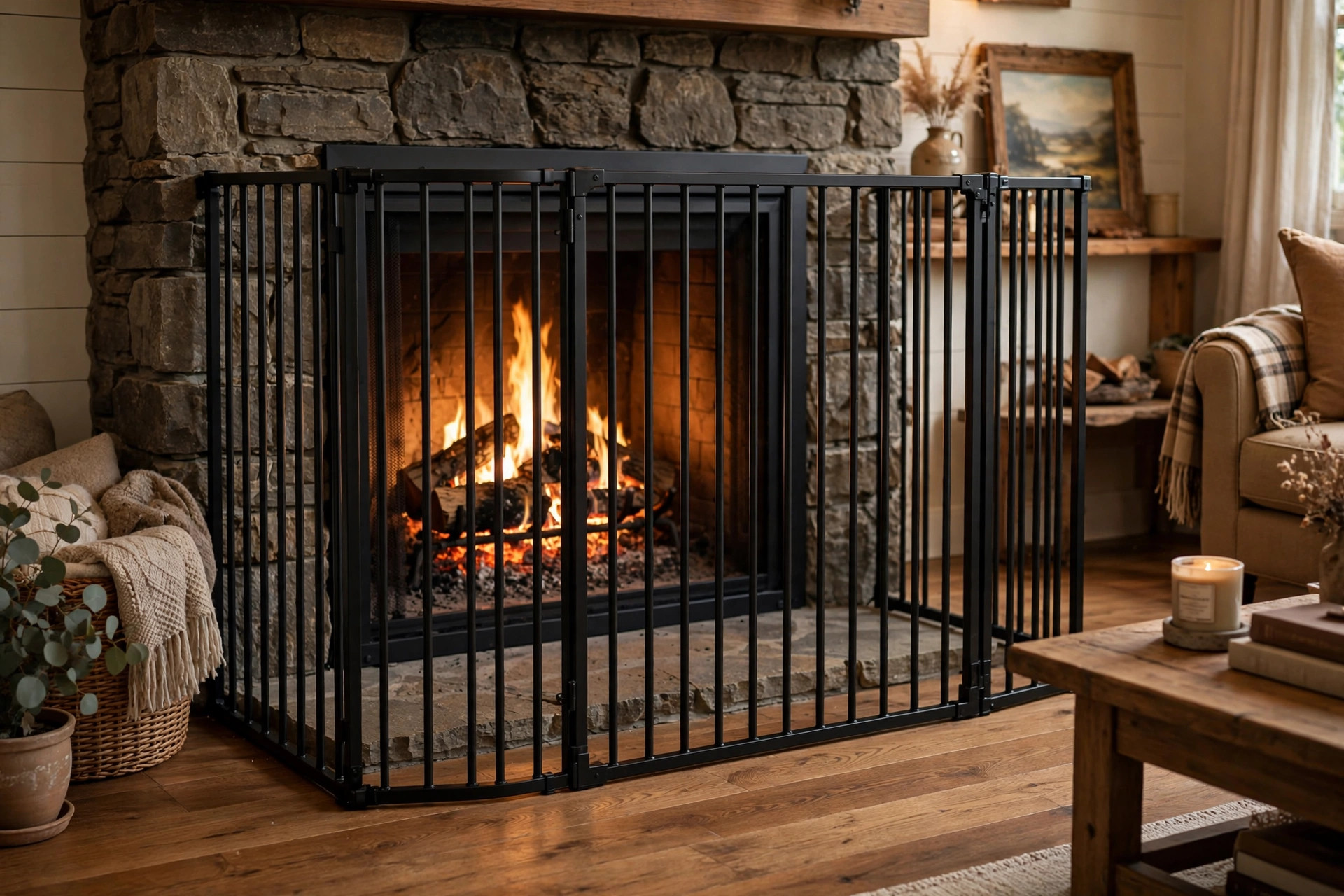energy efficient fireplace safety gates buying guide: Black metal energy efficient fireplace safety gate around a stone hearth in an American living room