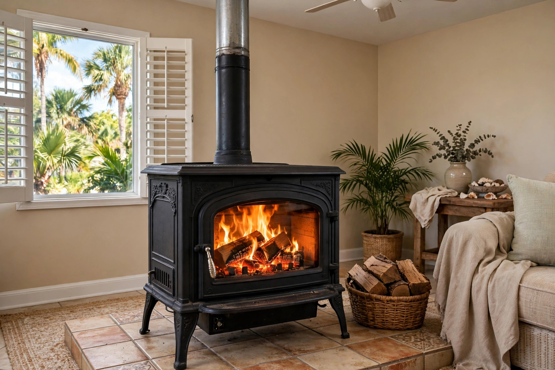 best wood burning stoves for florida homes: Wood burning stove with a warm fire glowing in a cozy Florida home living room