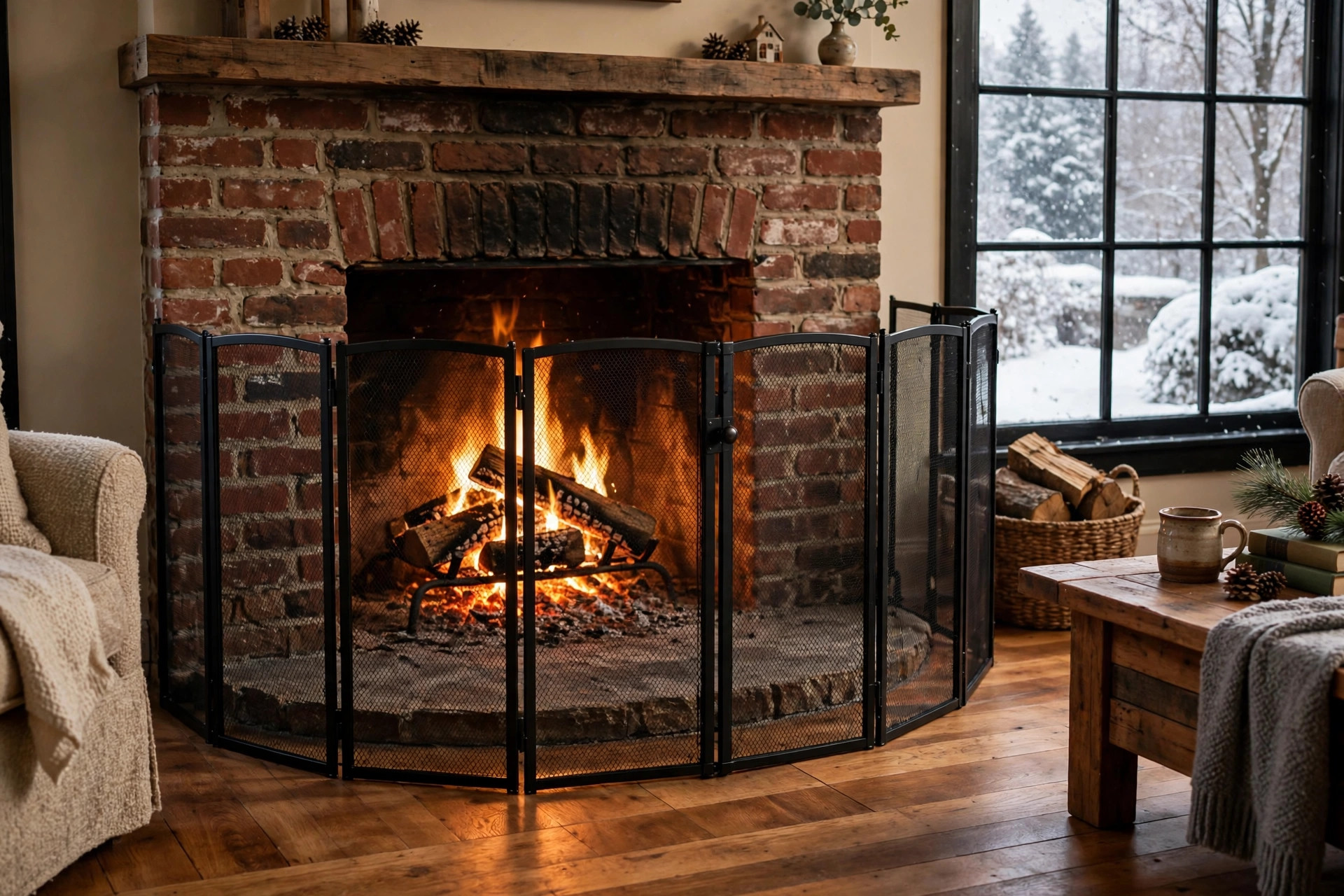 Top rated fireplace safety gates for cold climates installed around a brick hearth