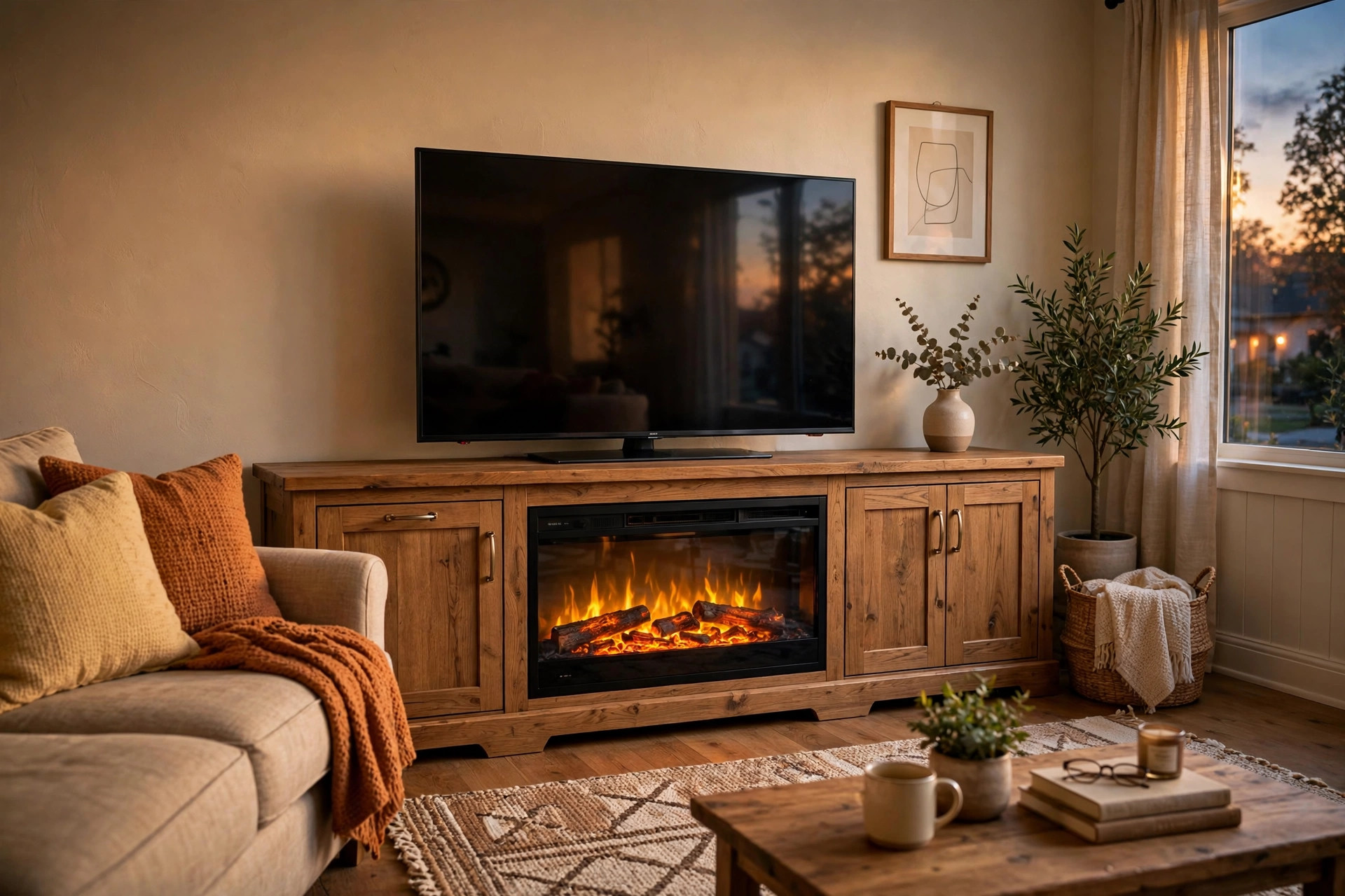 buy fireplace tv stands online in florida: A fireplace TV stand with an electric flame display in a Florida living room
