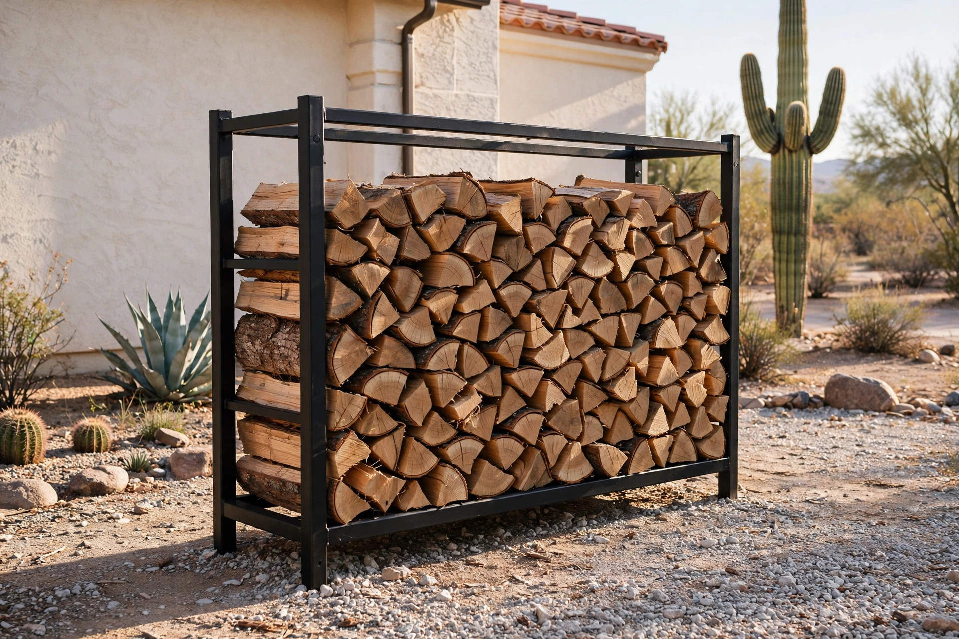 where to buy firewood storage racks in arizona: Firewood storage rack with stacked logs in an Arizona backyard