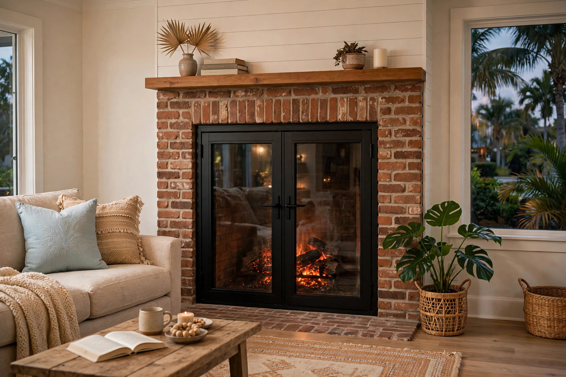 top rated fireplace glass doors for florida homes: Top rated fireplace glass doors installed on a brick fireplace in a Florida home