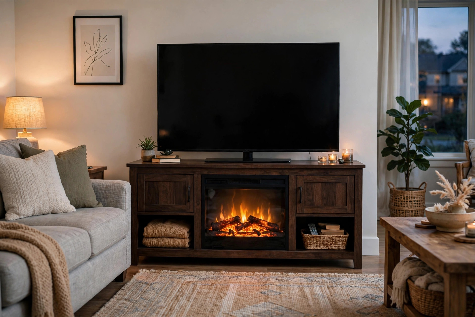 affordable fireplace tv stands for sale: Affordable fireplace TV stand with electric fireplace glowing in a cozy living room