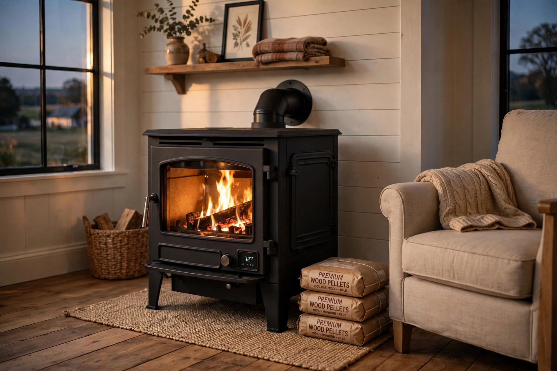 Best pellet stoves for heating with free shipping in a cozy American living room