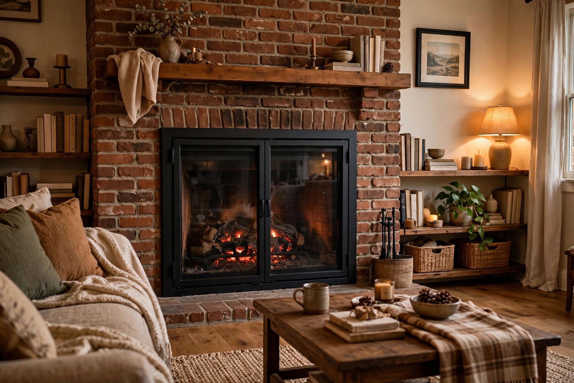 A closed set of black-framed glass doors on a brick fireplace in an American living room, best fireplace glass doors for sale