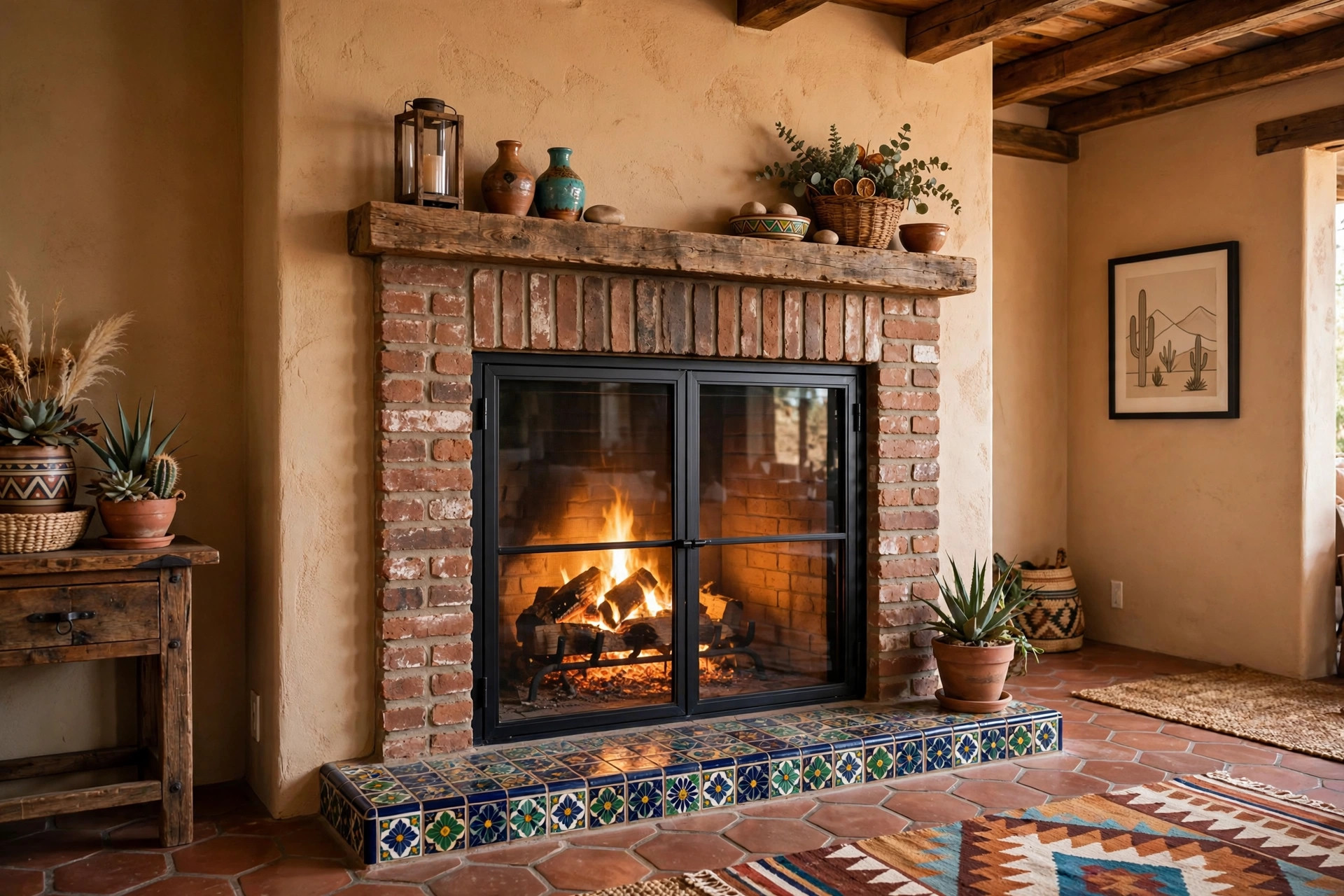 buy fireplace glass doors online in arizona: Glass fireplace doors with a warm fire behind the glass in an Arizona home