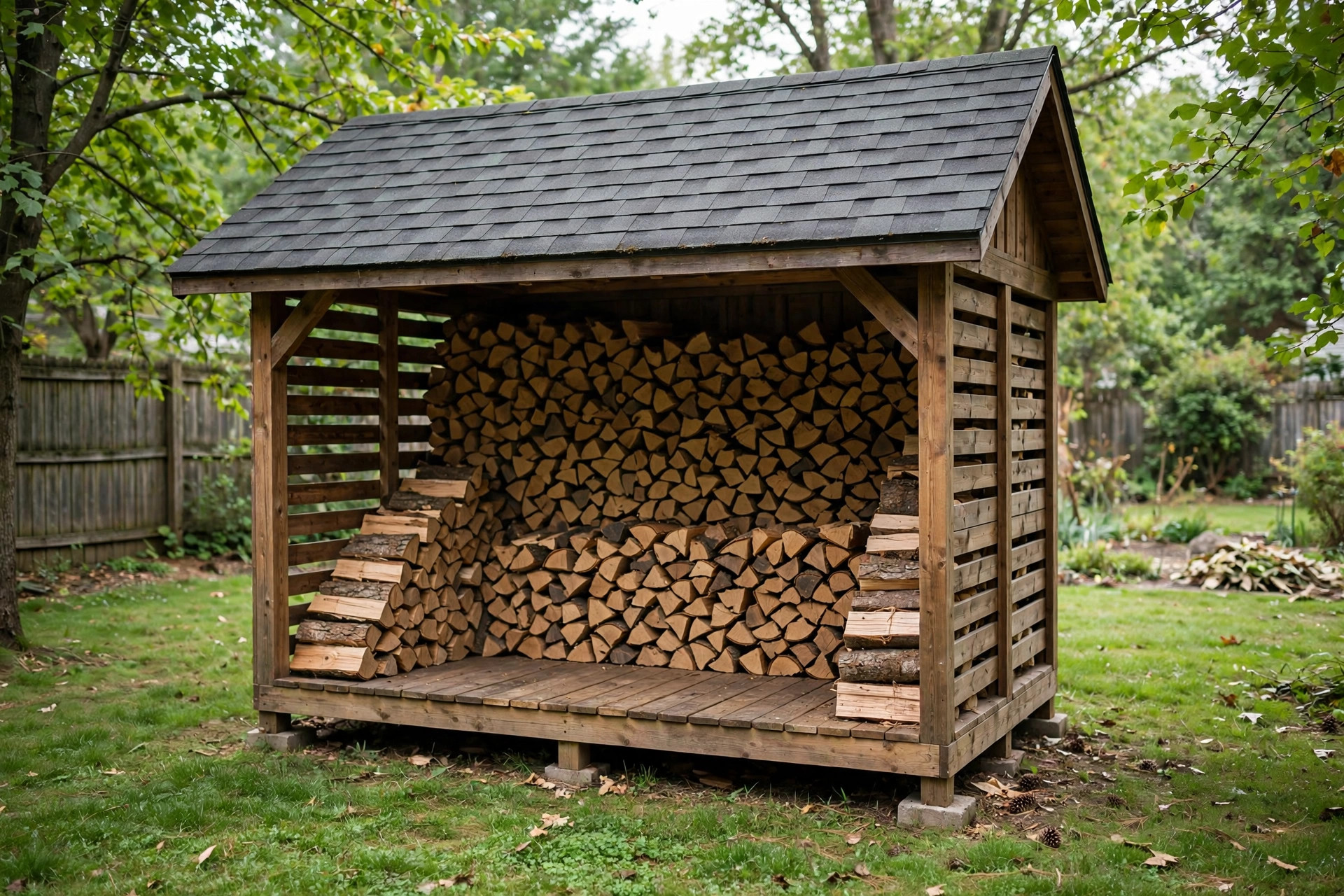 outdoor firewood storage sheds price comparison usa: Outdoor firewood storage shed with stacked firewood in an American backyard