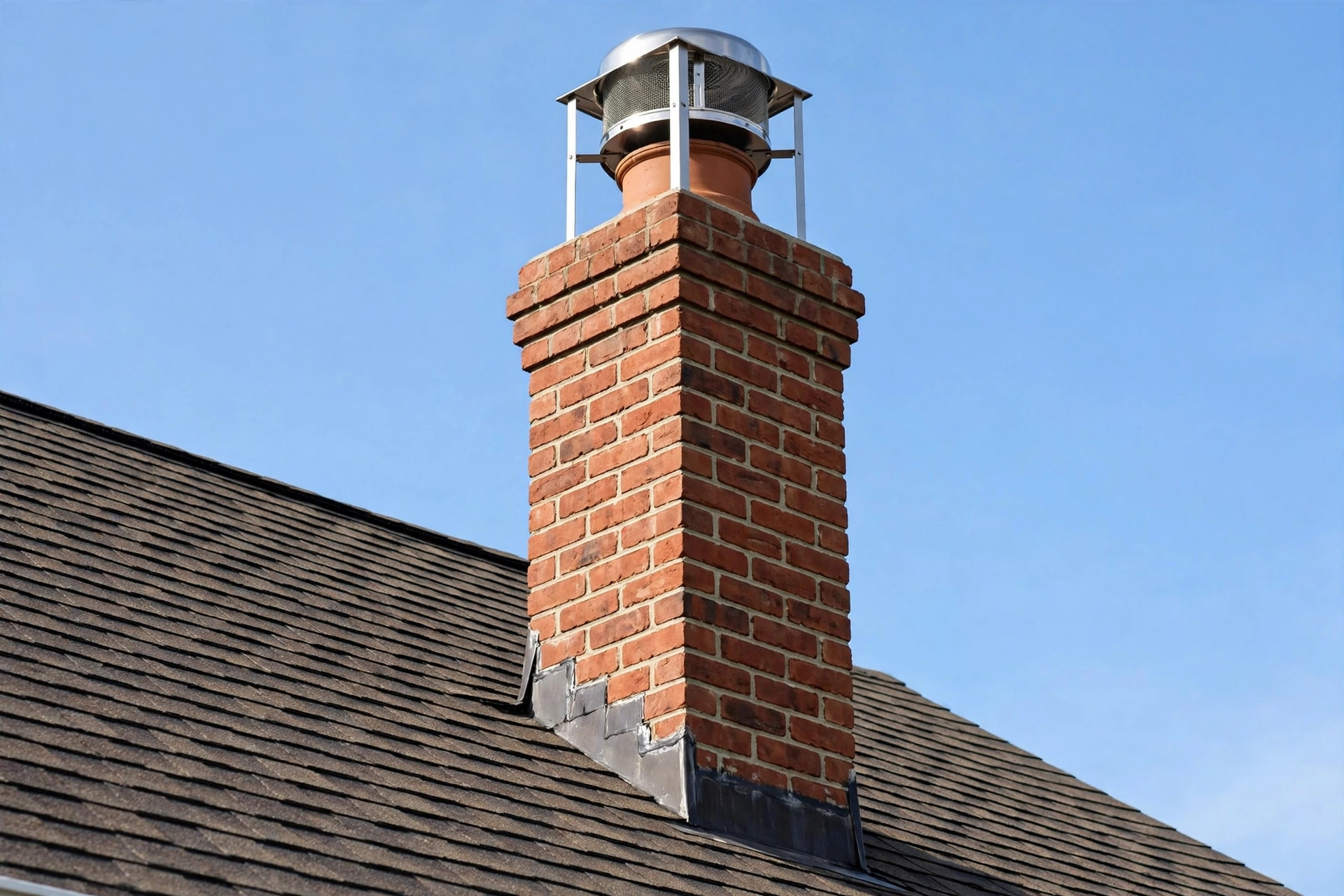 top rated chimney inspection services near me: A brick chimney with terracotta flue liner and metal cap on a residential roof, viewed from a safe distance