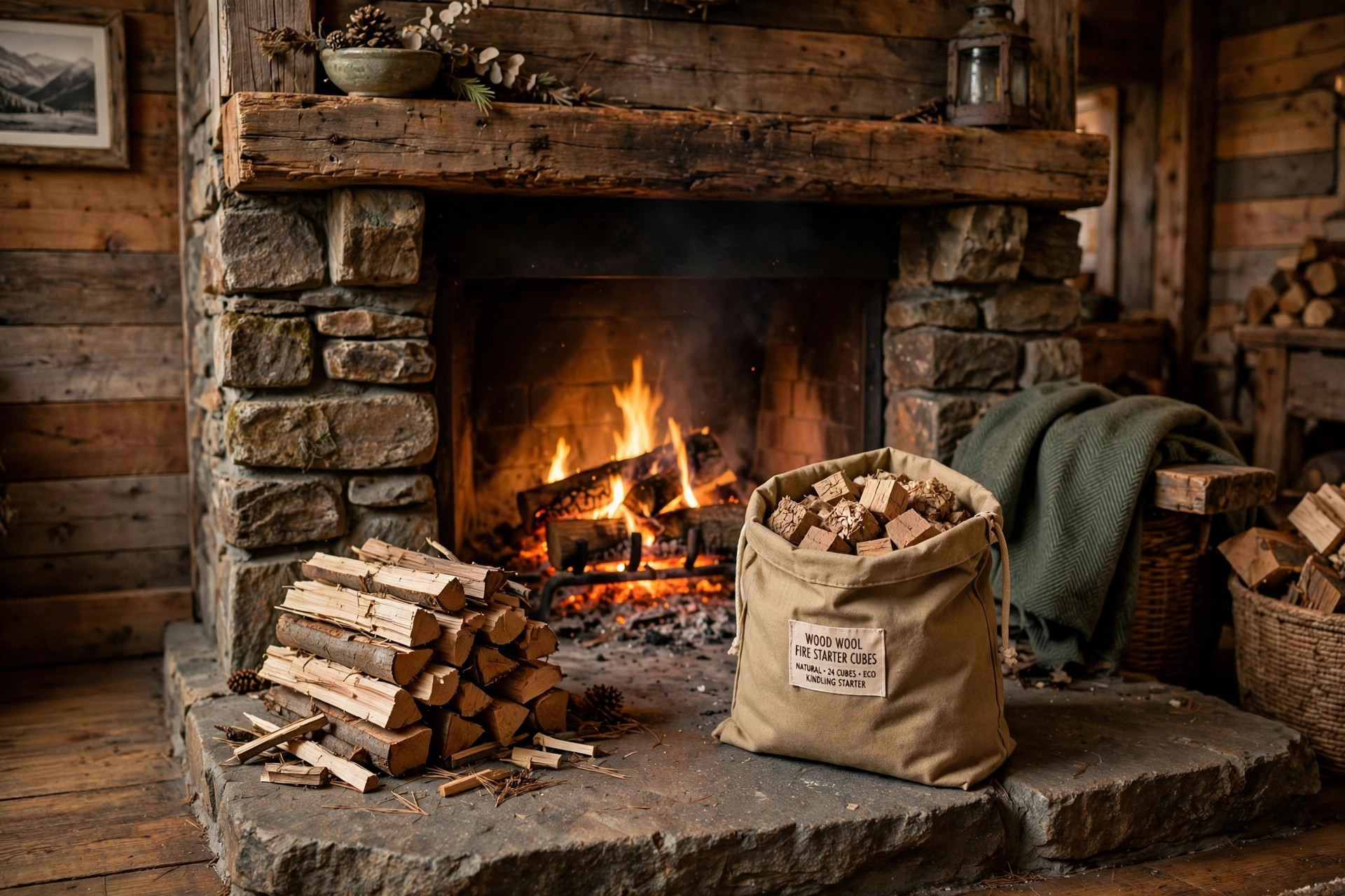 buy fire starters and kindling online in colorado: Fire starters and kindling stacked beside a stone fireplace