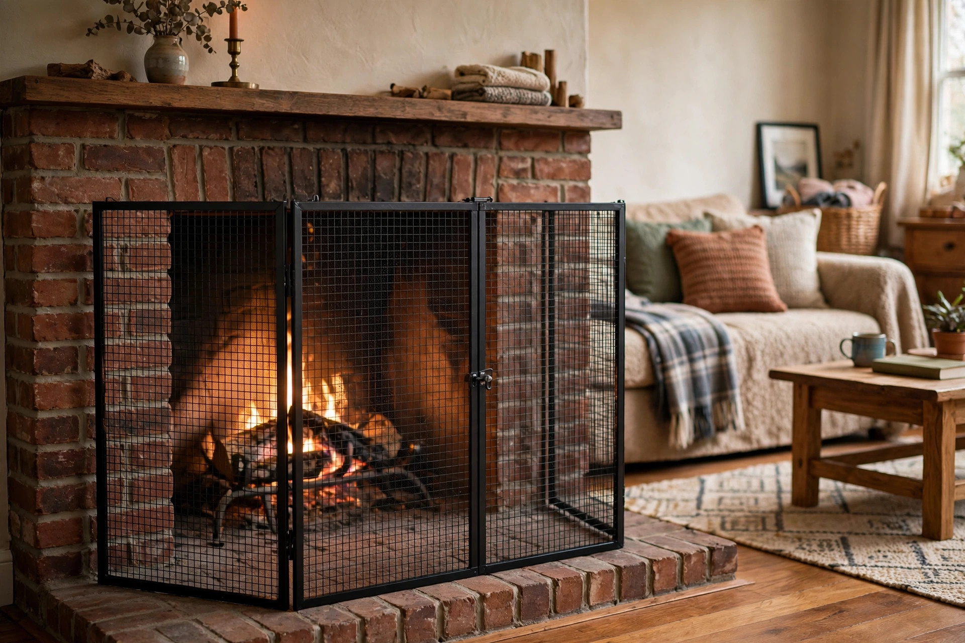 childproof fireplace screens reviews and buying guide: Childproof fireplace screen guarding a brick hearth in a family living room