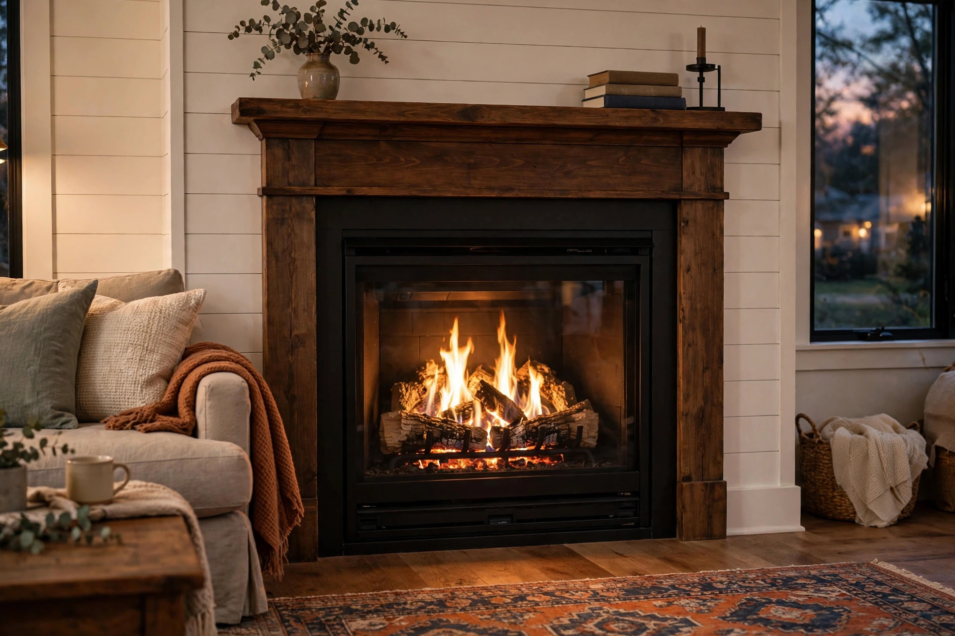 best direct vent gas fireplaces for american homes: A direct vent gas fireplace with glowing logs in an American living room
