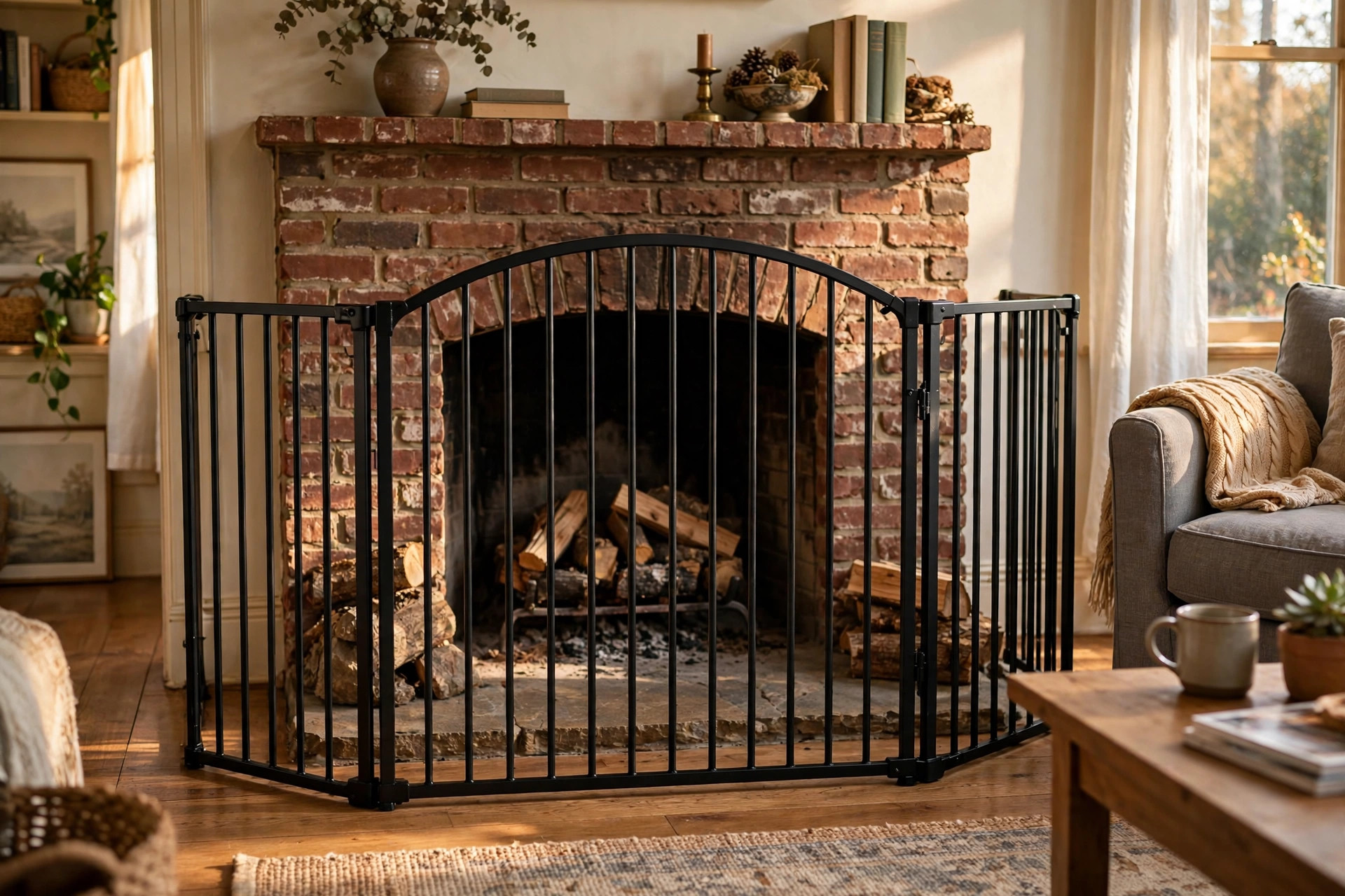 fireplace safety gates price comparison usa: Fireplace safety gate around a hearth in an American living room