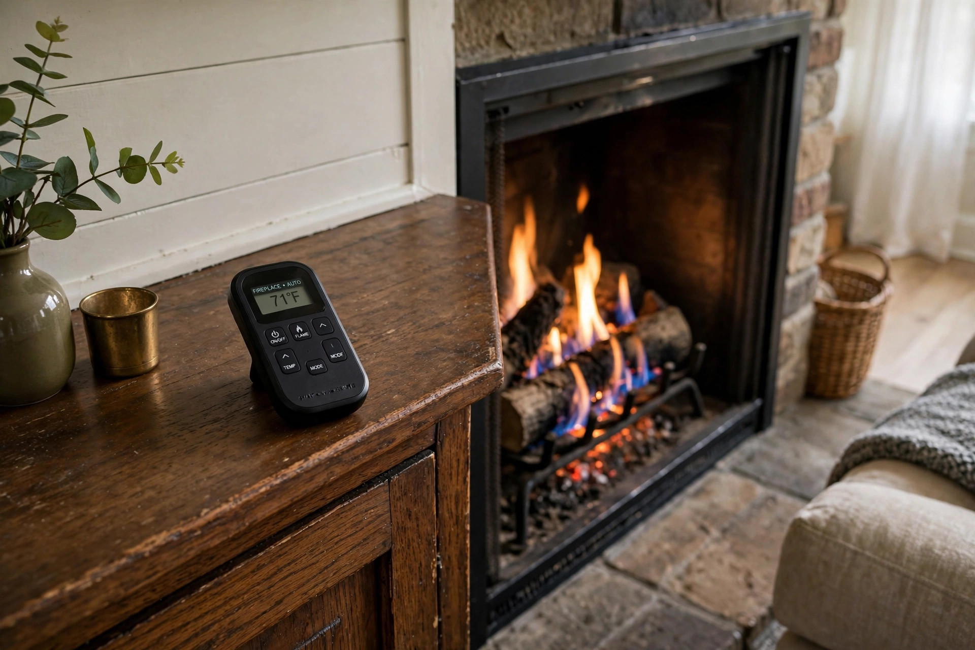 Smart fireplace remote controls for sale on a mantel beside a gas fireplace