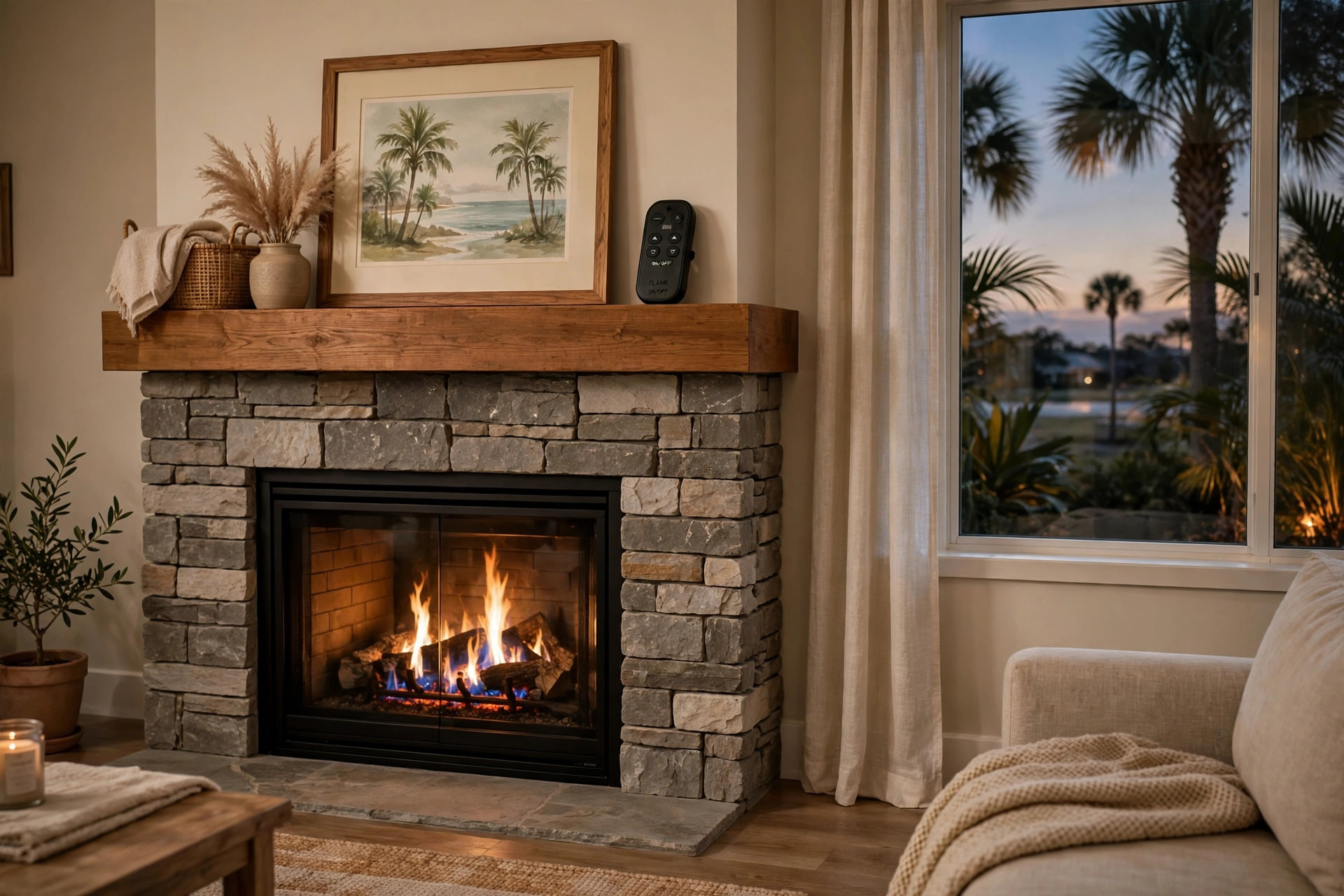 epa certified fireplace remote controls for florida homes: EPA certified fireplace remote control beside a gas fireplace in a Florida home living room