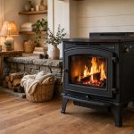 where to buy freestanding electric stoves in colorado: Freestanding electric stove with glowing fire in a Colorado living room