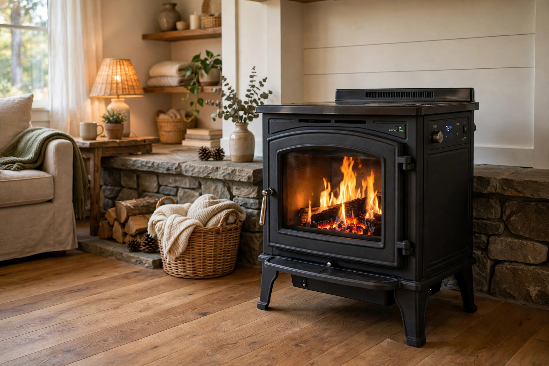 where to buy freestanding electric stoves in colorado: Freestanding electric stove with glowing fire in a Colorado living room