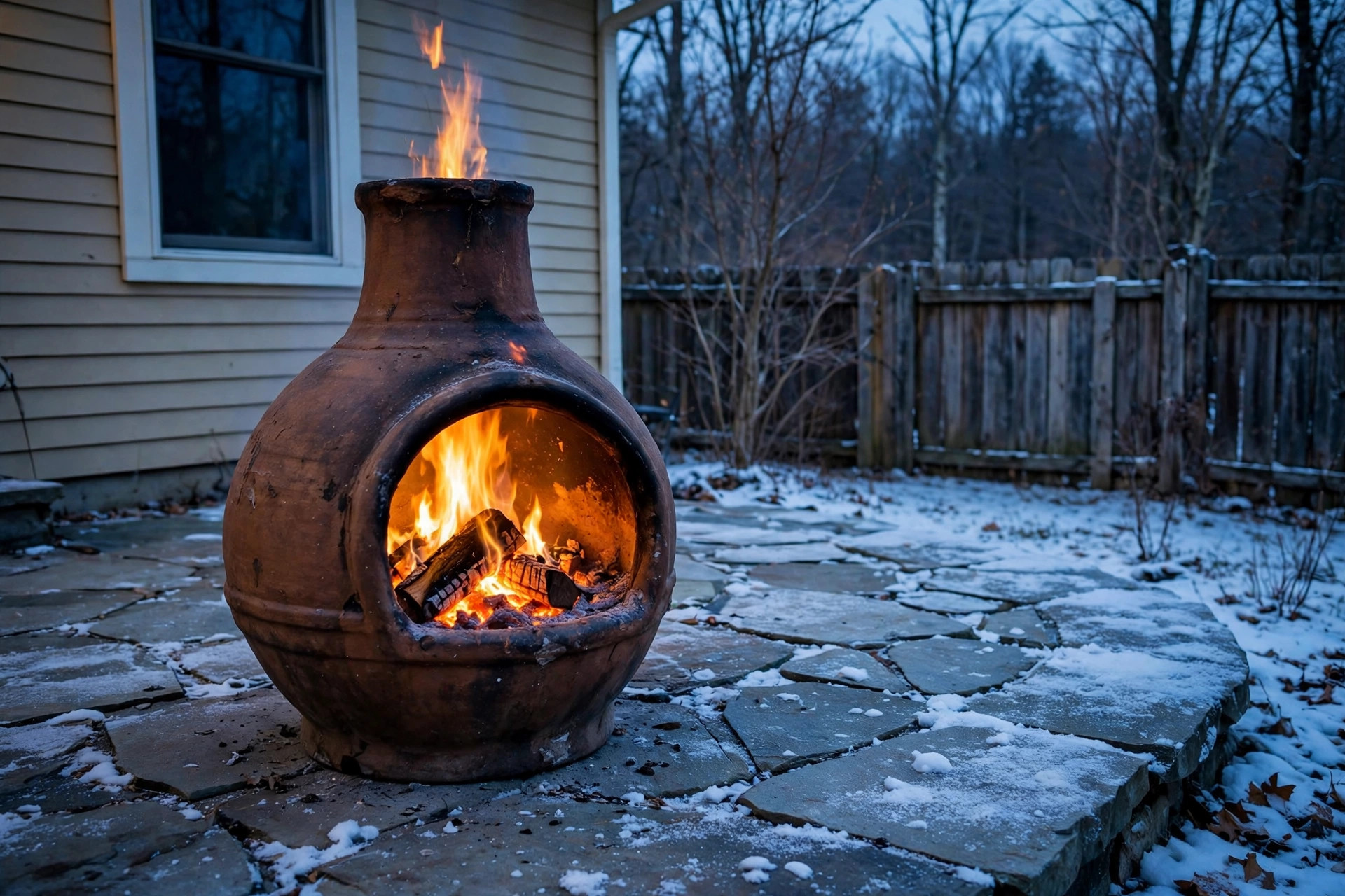 A clay chiminea burning on a snowy patio, matching top rated chimineas for patios for cold climates