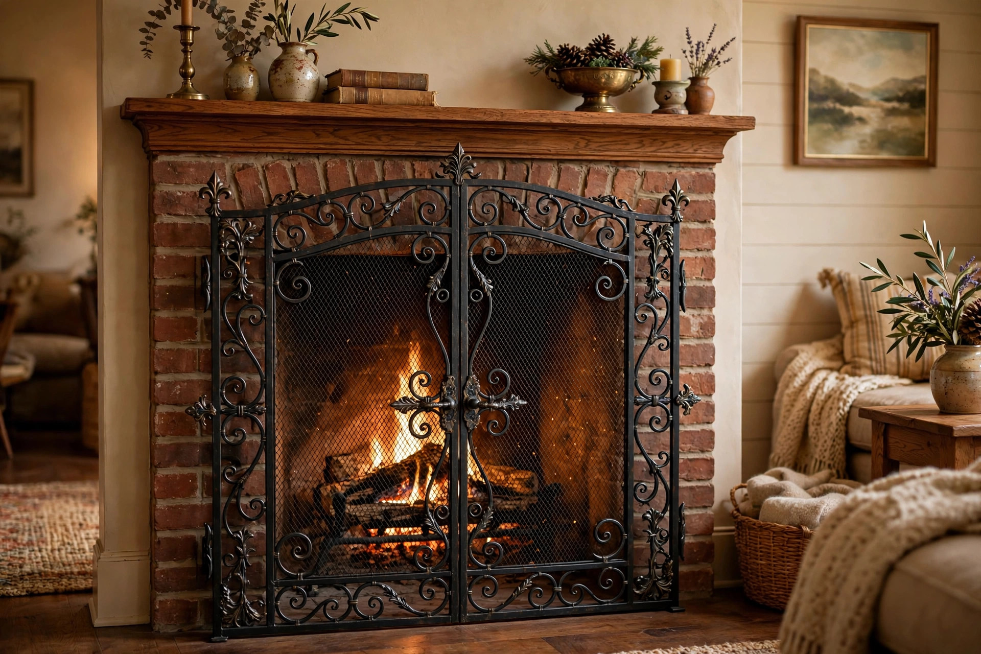 luxury fireplace screens with doors buying guide: Elegant luxury fireplace screen with doors in a brick fireplace
