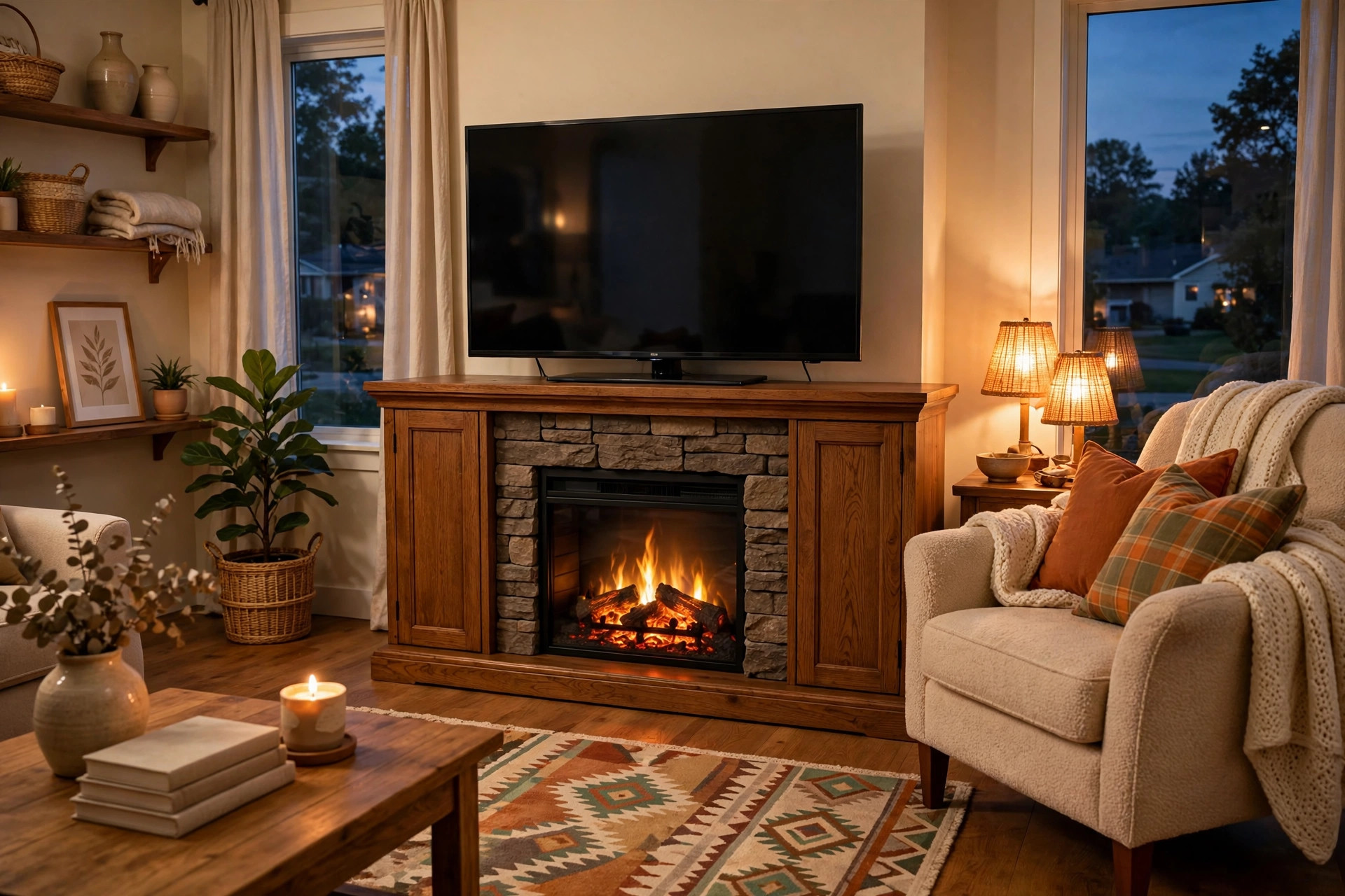 best fireplace tv stands buying guide: Electric fireplace TV stand with stone-look surround in a living room