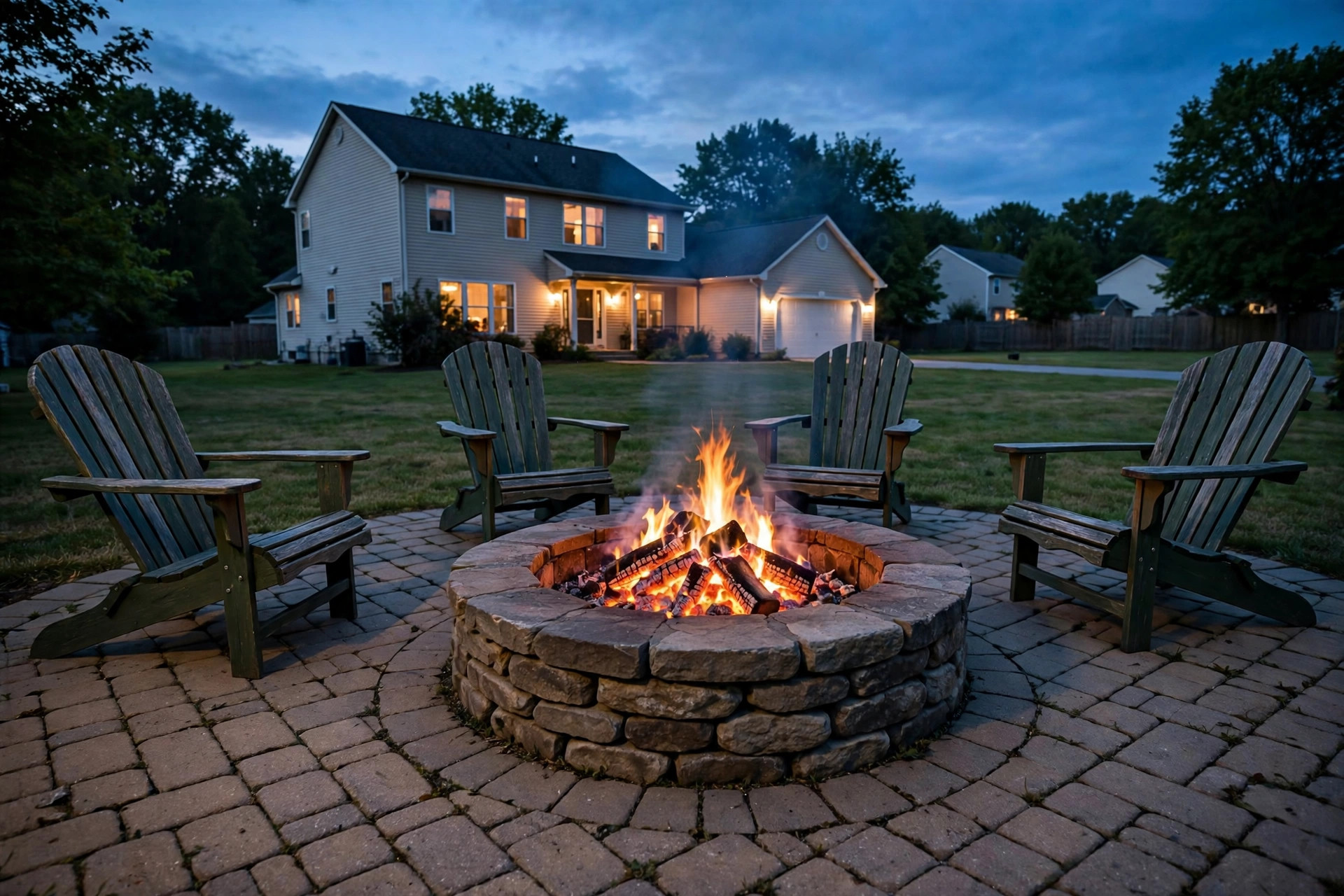 outdoor fire pits price comparison usa: A stone outdoor fire pit glowing at dusk in an American backyard