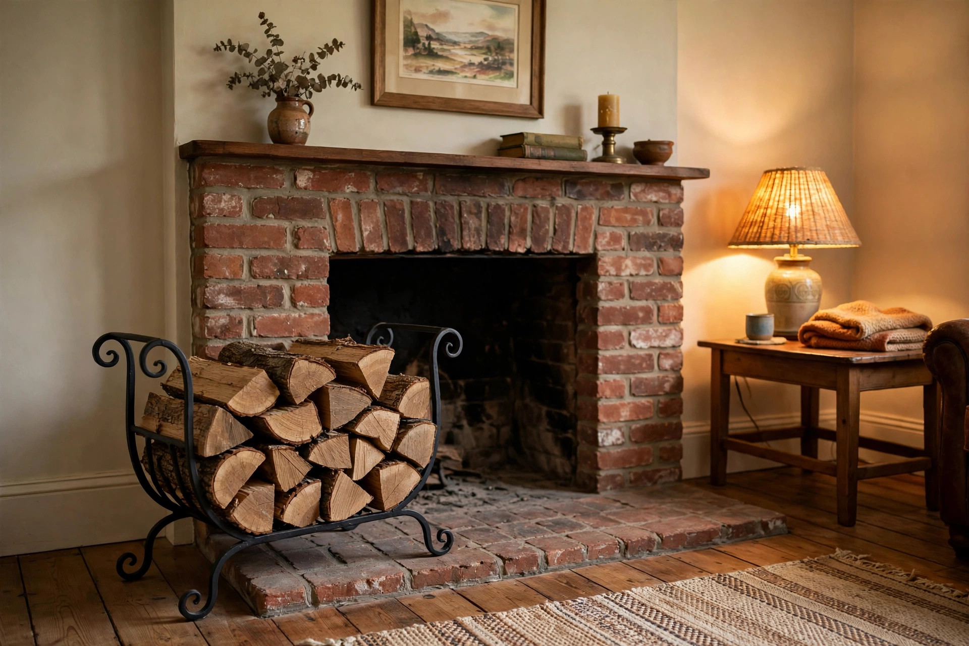 fireplace log holders reviews and buying guide: Fireplace log holder beside a brick hearth in an American living room