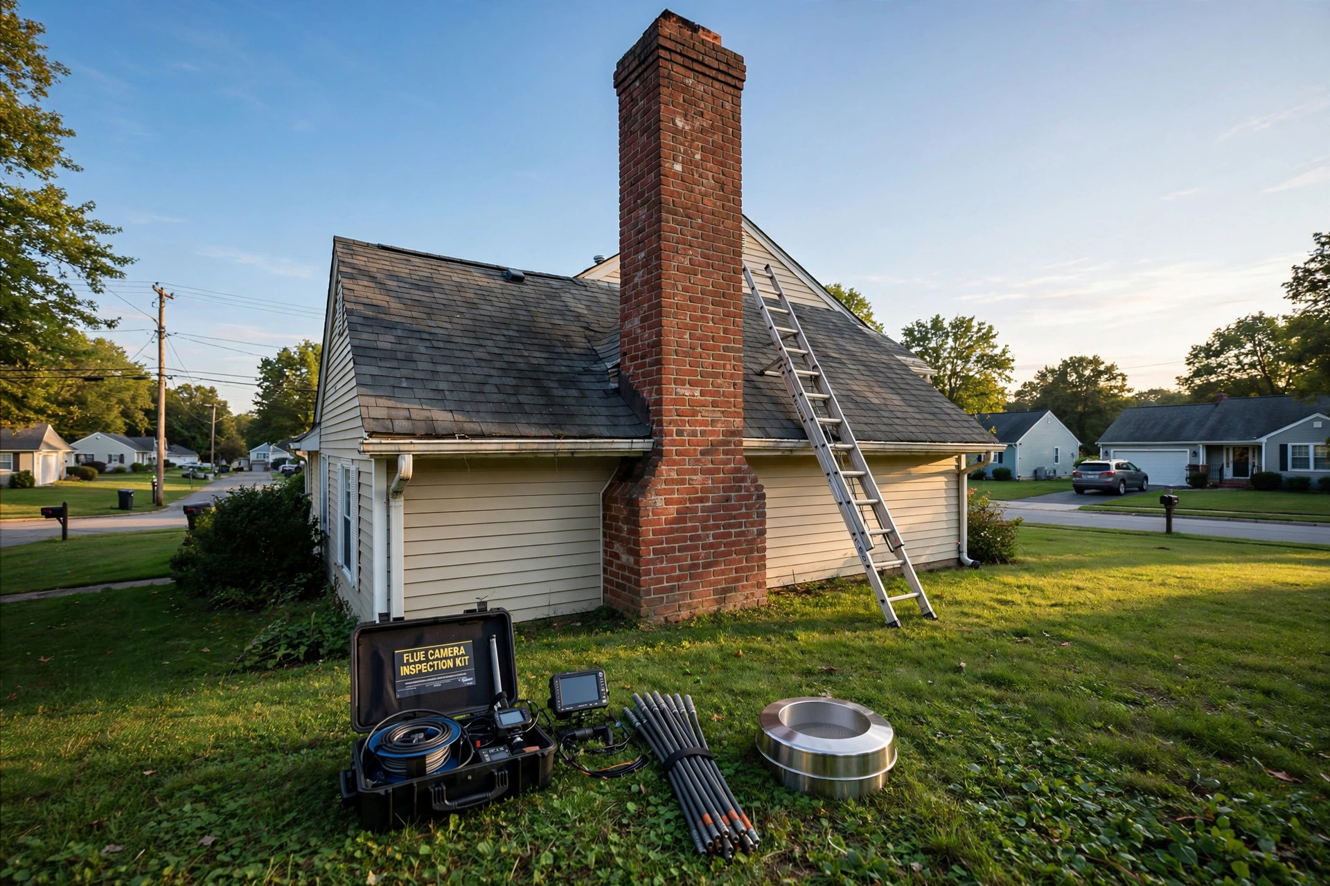 Chimney inspection equipment set up at a brick chimney of an American home for EPA certified chimney inspection services for homeowners