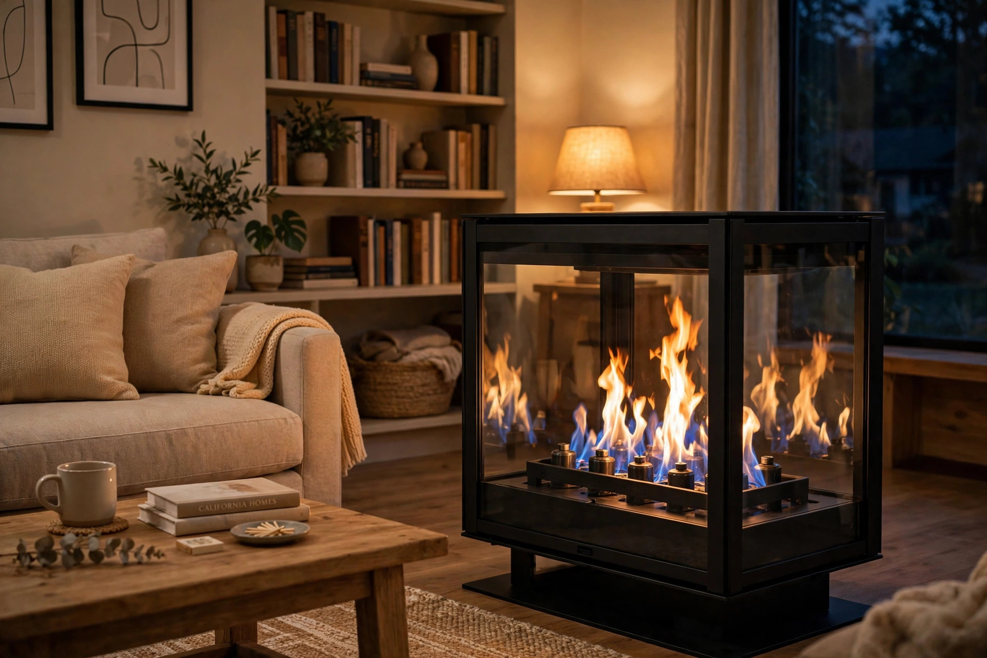 Buy gel fuel fireplaces online in Florida: a vent-free fireplace glowing in a living room