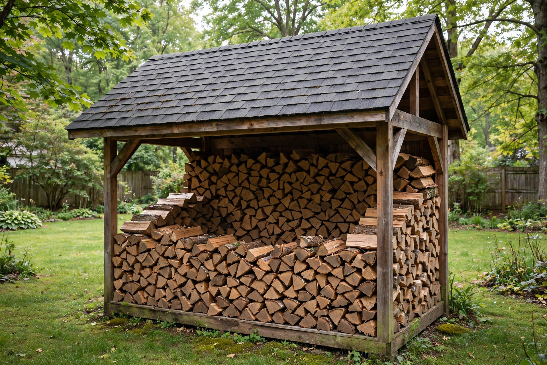 top rated outdoor firewood storage sheds buying guide: Outdoor firewood storage shed filled with stacked wood in a backyard