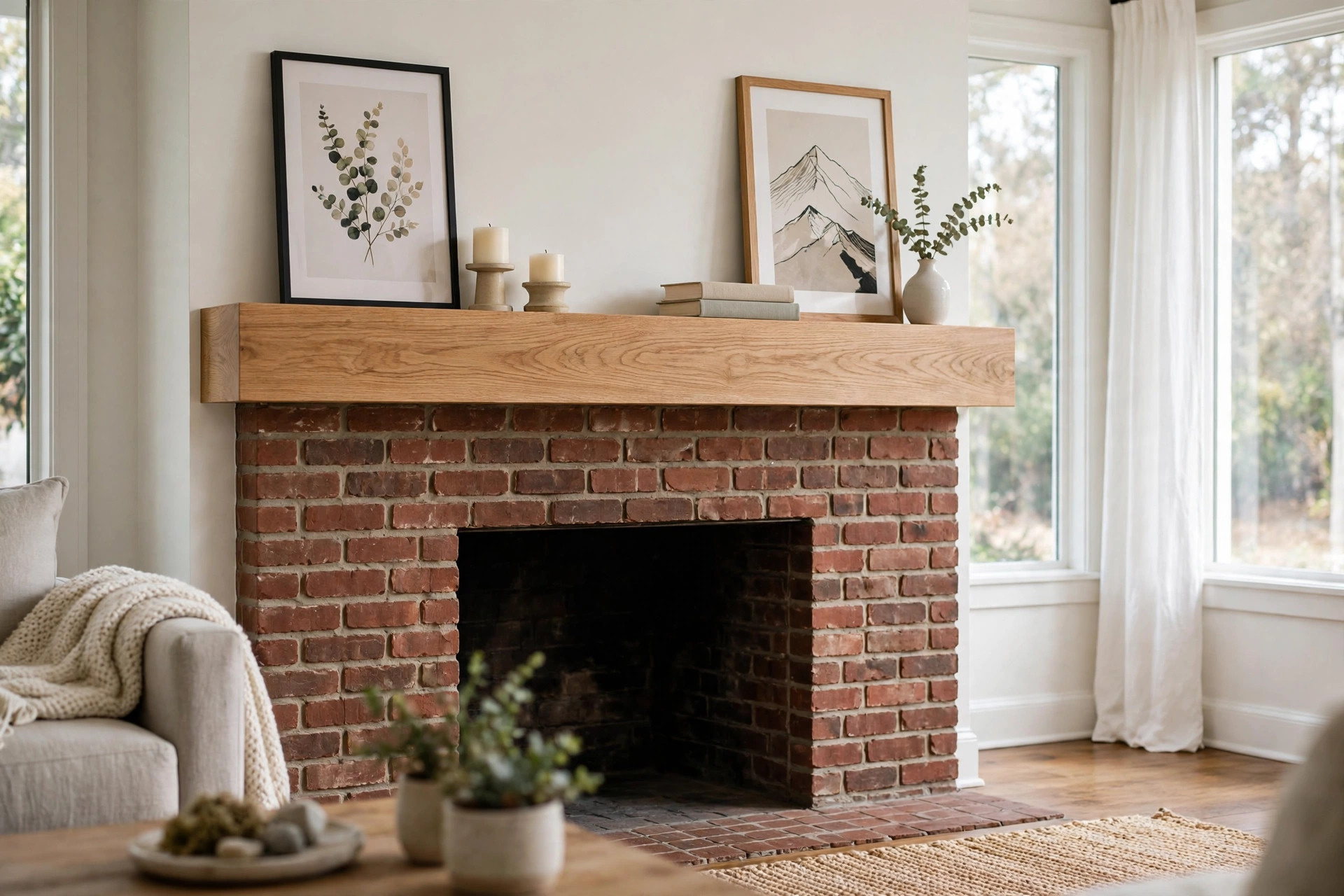 A wooden mantel shelf above a fireplace in a bright American living room, chosen for the best fireplace mantel shelves for humid climates
