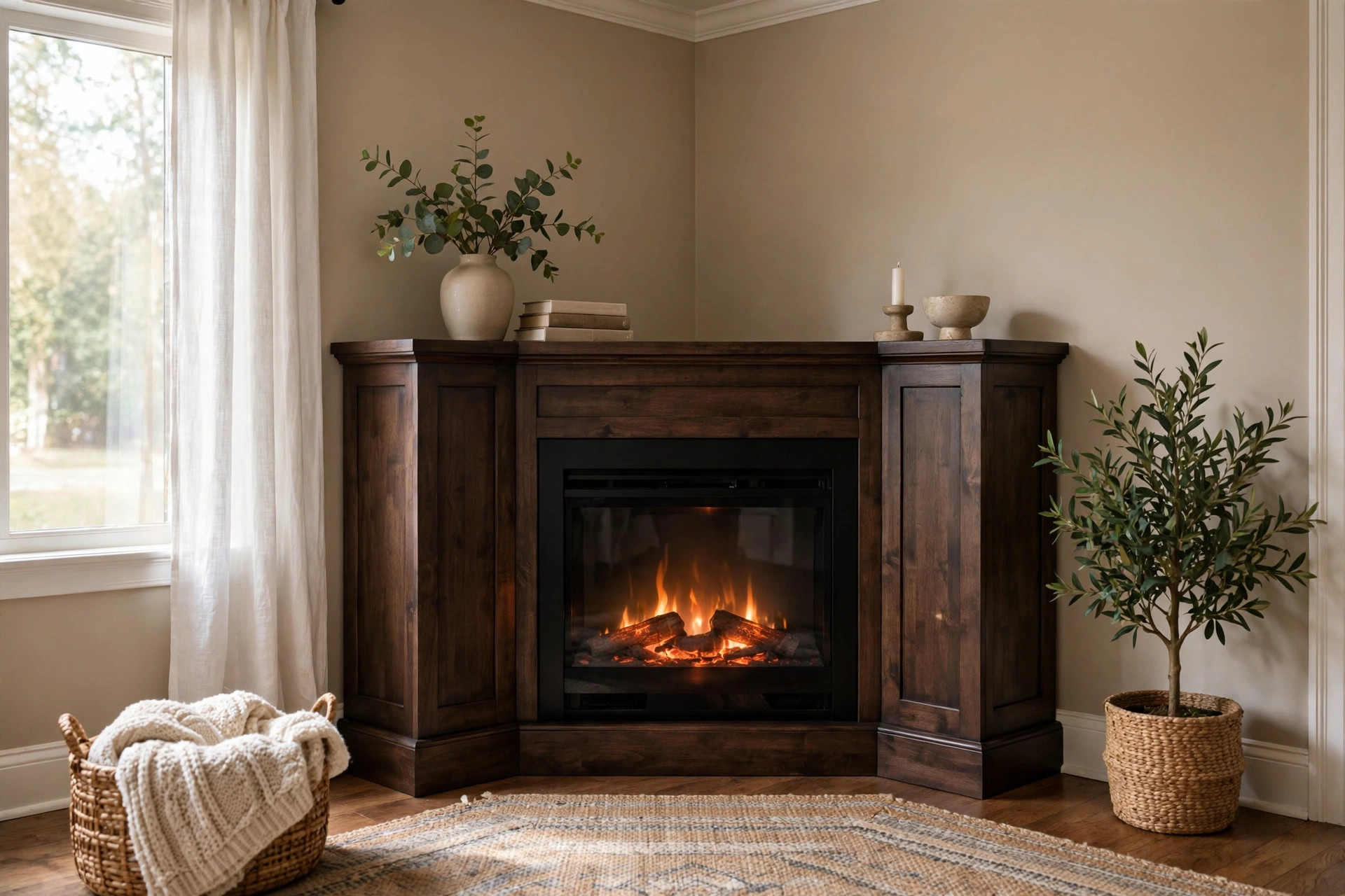 where to buy corner electric fireplaces in california: Corner electric fireplace with realistic flame display in a California living room
