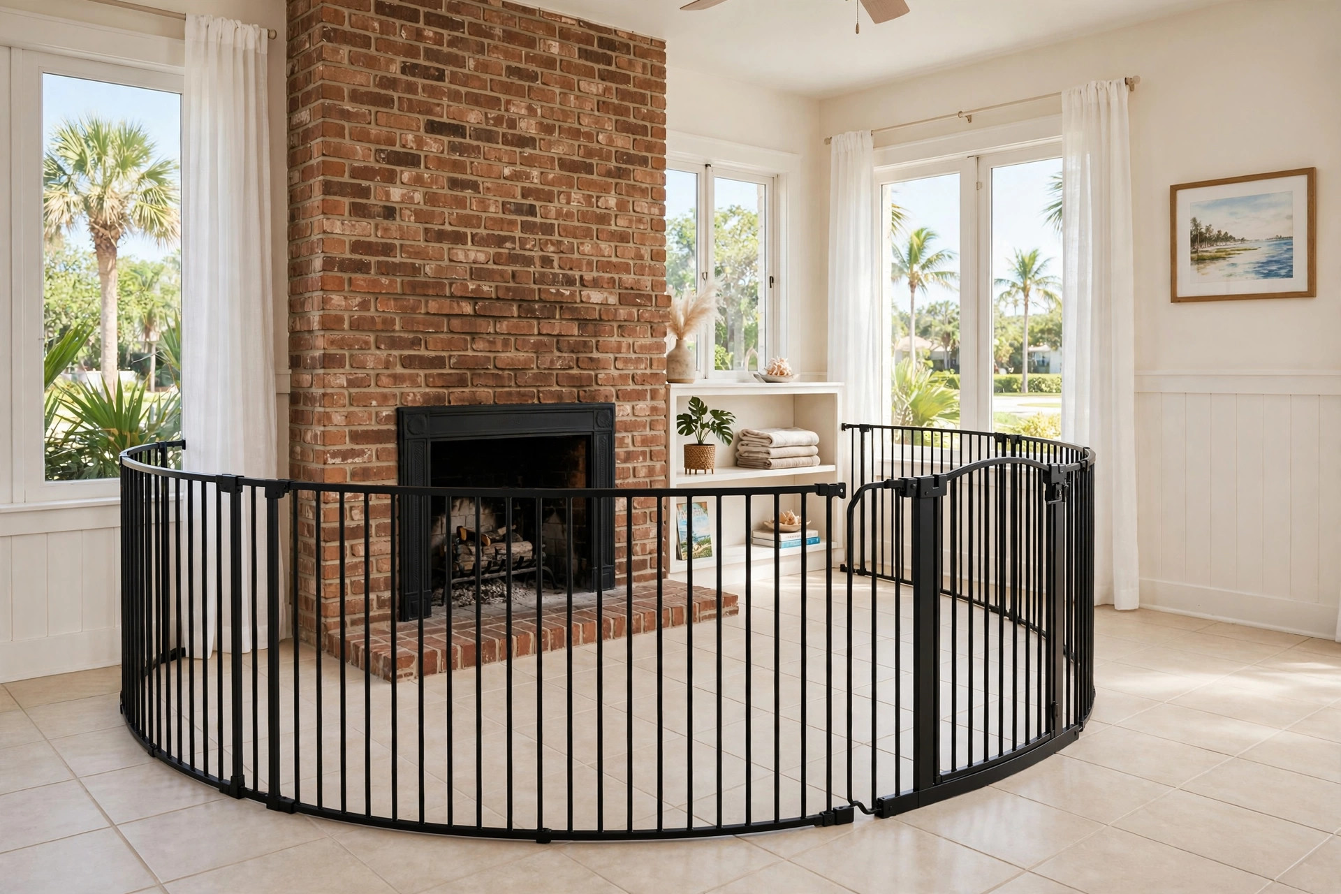 top rated fireplace safety gates for florida homes: Fireplace safety gate installed in front of a brick fireplace in a Florida living room