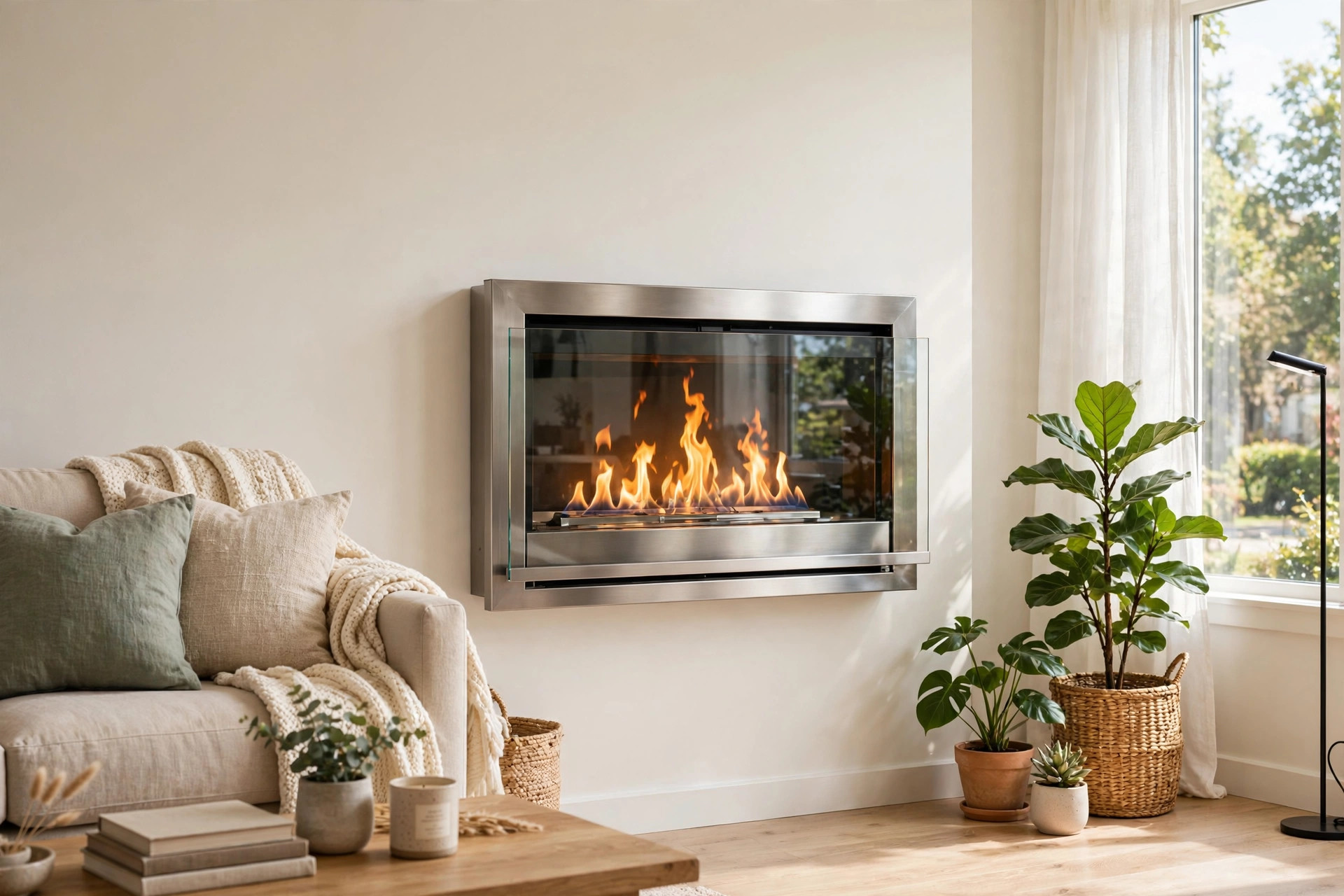 Top rated ethanol wall fireplaces for southern states mounted in a bright living room